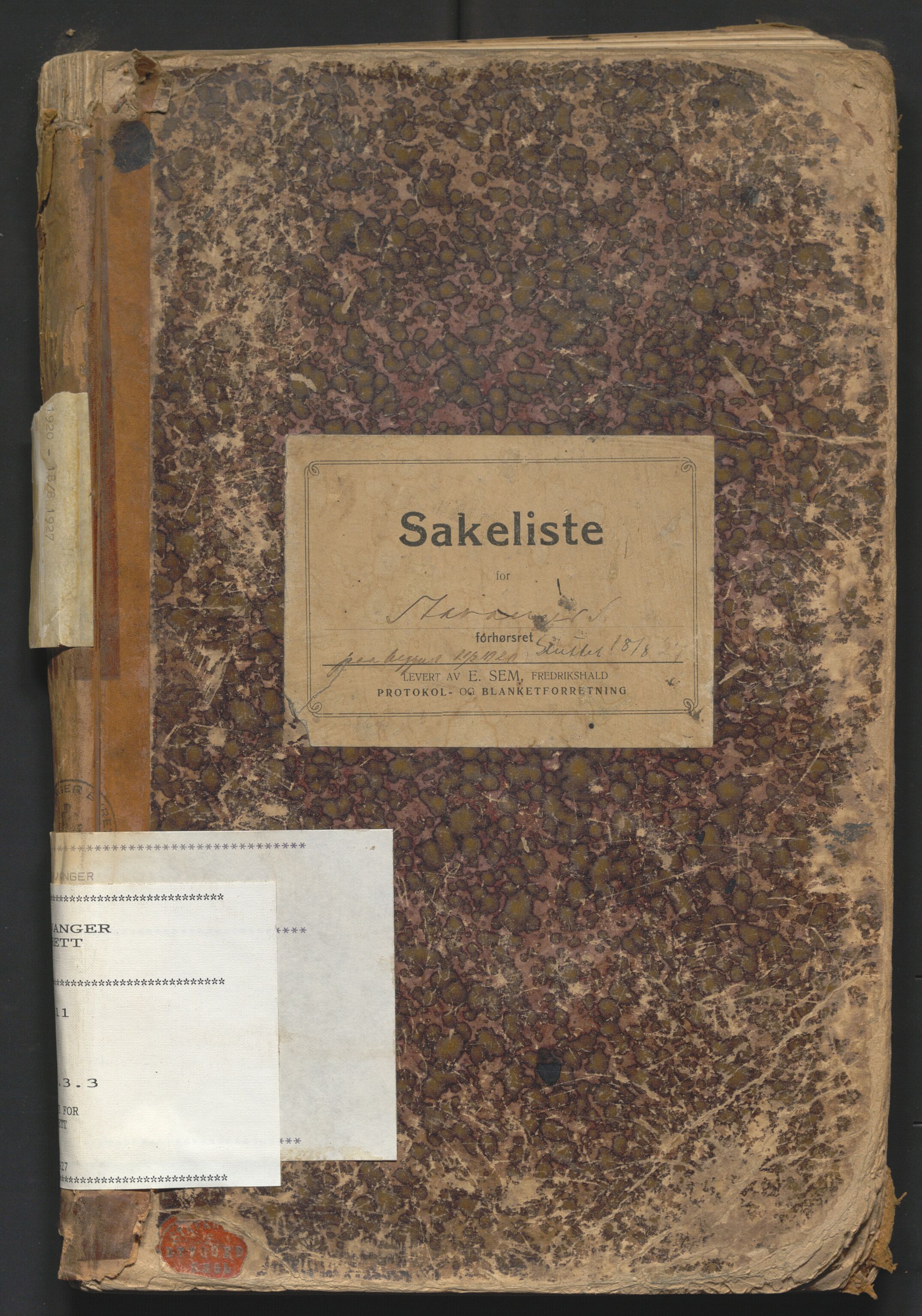 Stavanger byrett, AV/SAST-A-100455/001/3/31/311/3111A/L0001: Saksliste for forhørsrett, 1920-1927