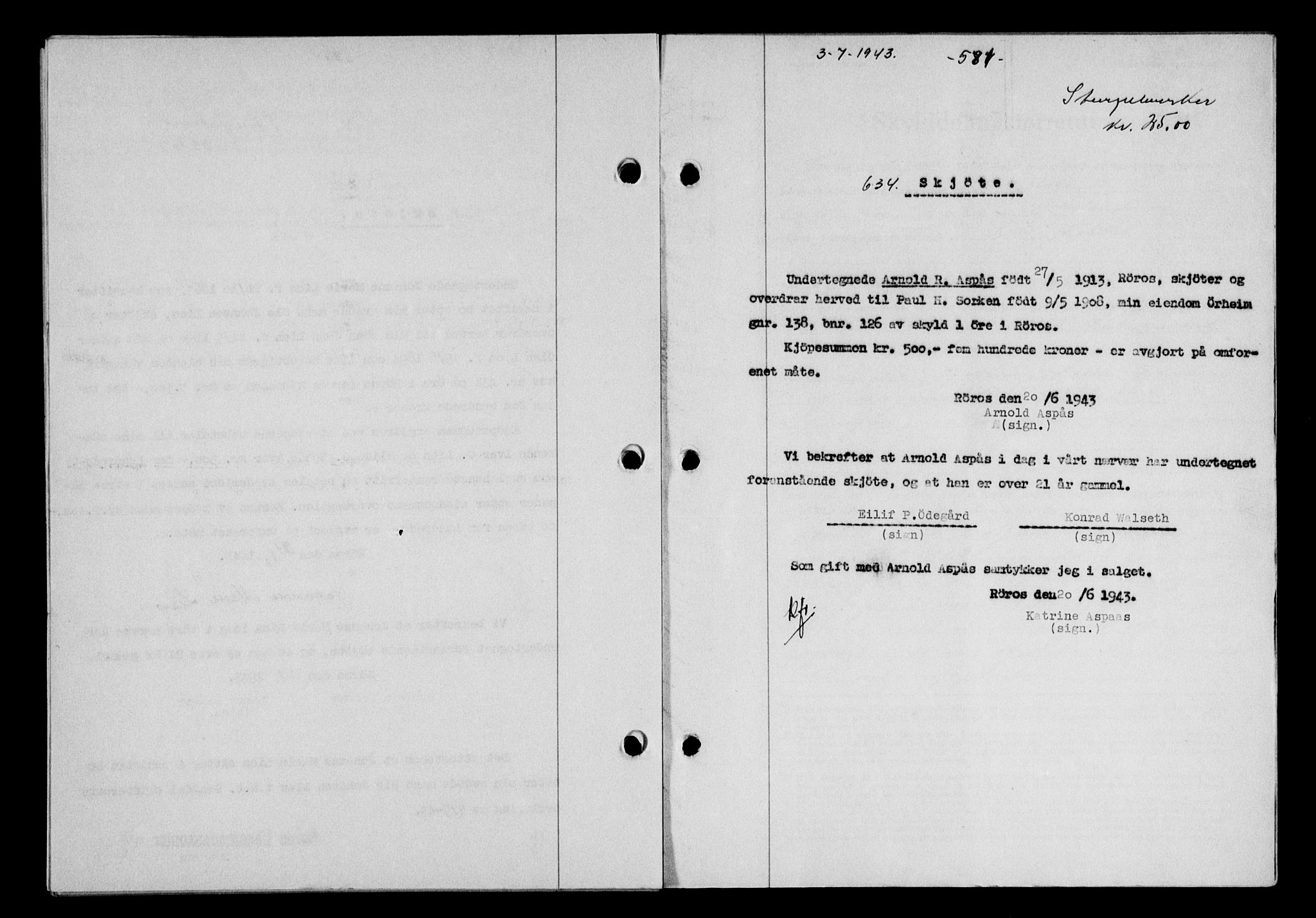 Gauldal sorenskriveri, SAT/A-0014/1/2/2C/L0056: Pantebok nr. 61, 1942-1943, Dagboknr: 634/1943