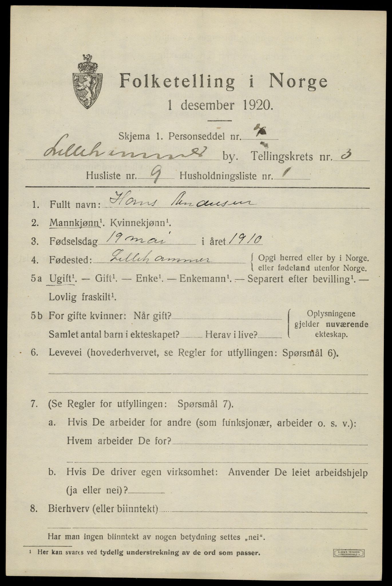SAH, Folketelling 1920 for 0501 Lillehammer kjøpstad, 1920, s. 5816