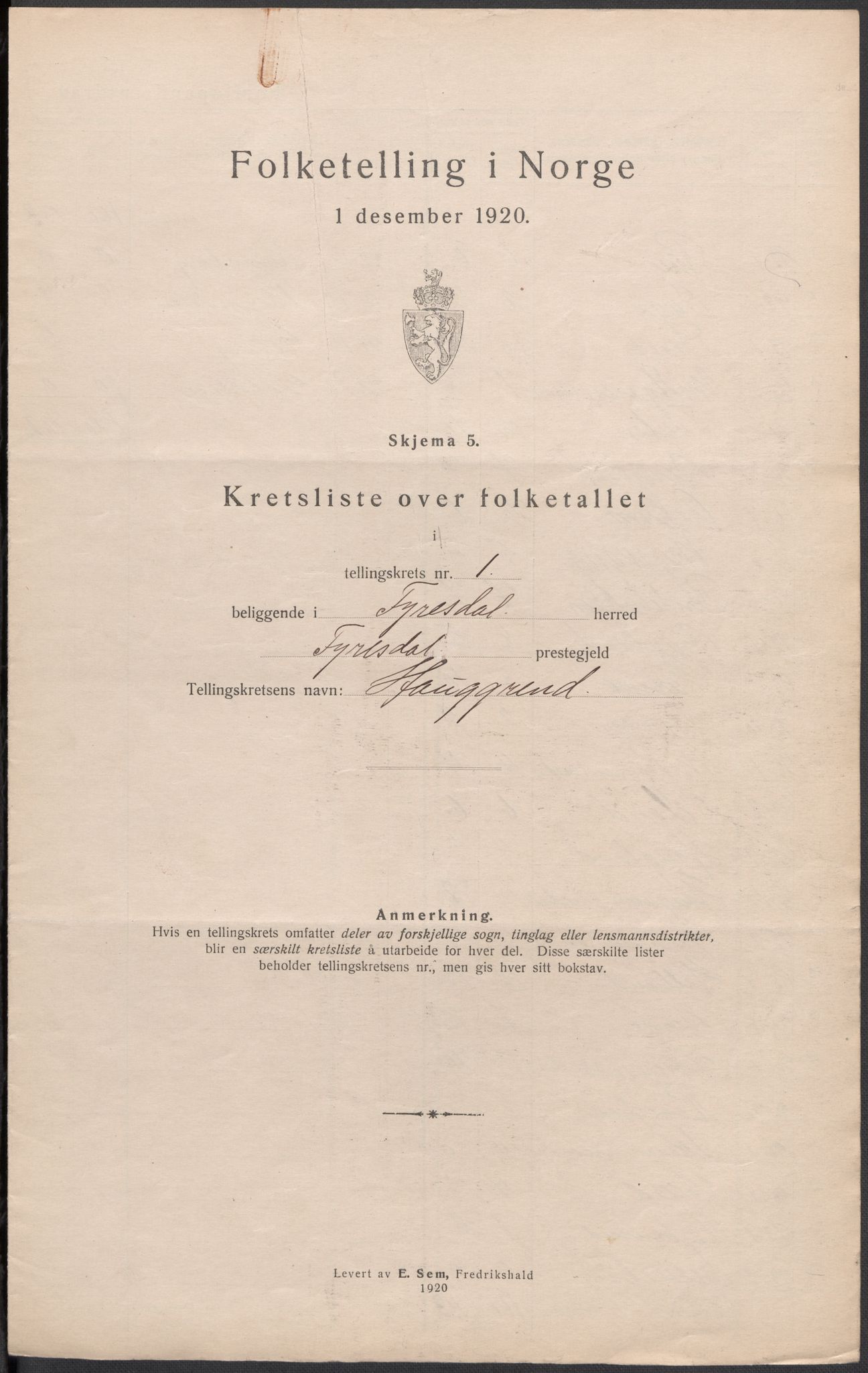 SAKO, Folketelling 1920 for 0831 Fyresdal herred, 1920, s. 5