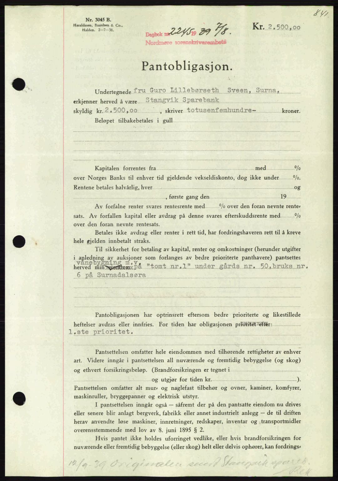 Nordmøre sorenskriveri, SAT/A-4132/1/2/2Ca: Pantebok nr. B85, 1939-1939, Dagboknr: 2245/1939