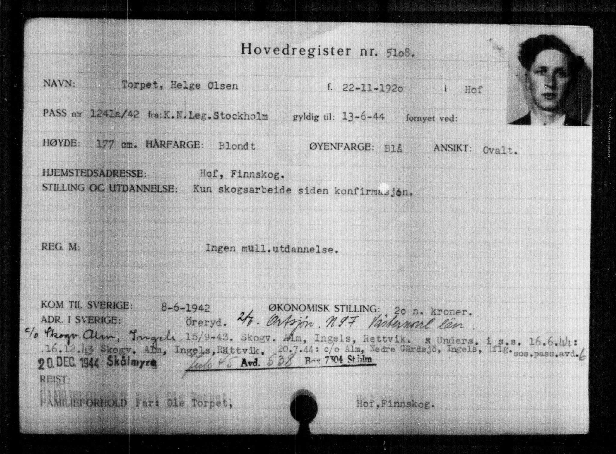 Utenriksstasjonene, Legasjonen i Stockholm, Flyktningkontoret, AV/RA-S-6753/V/Va/L0004: Kjesäterkartoteket, flyktninger med registreringsnr. 3496-6610, 1940-1945, s. 1901