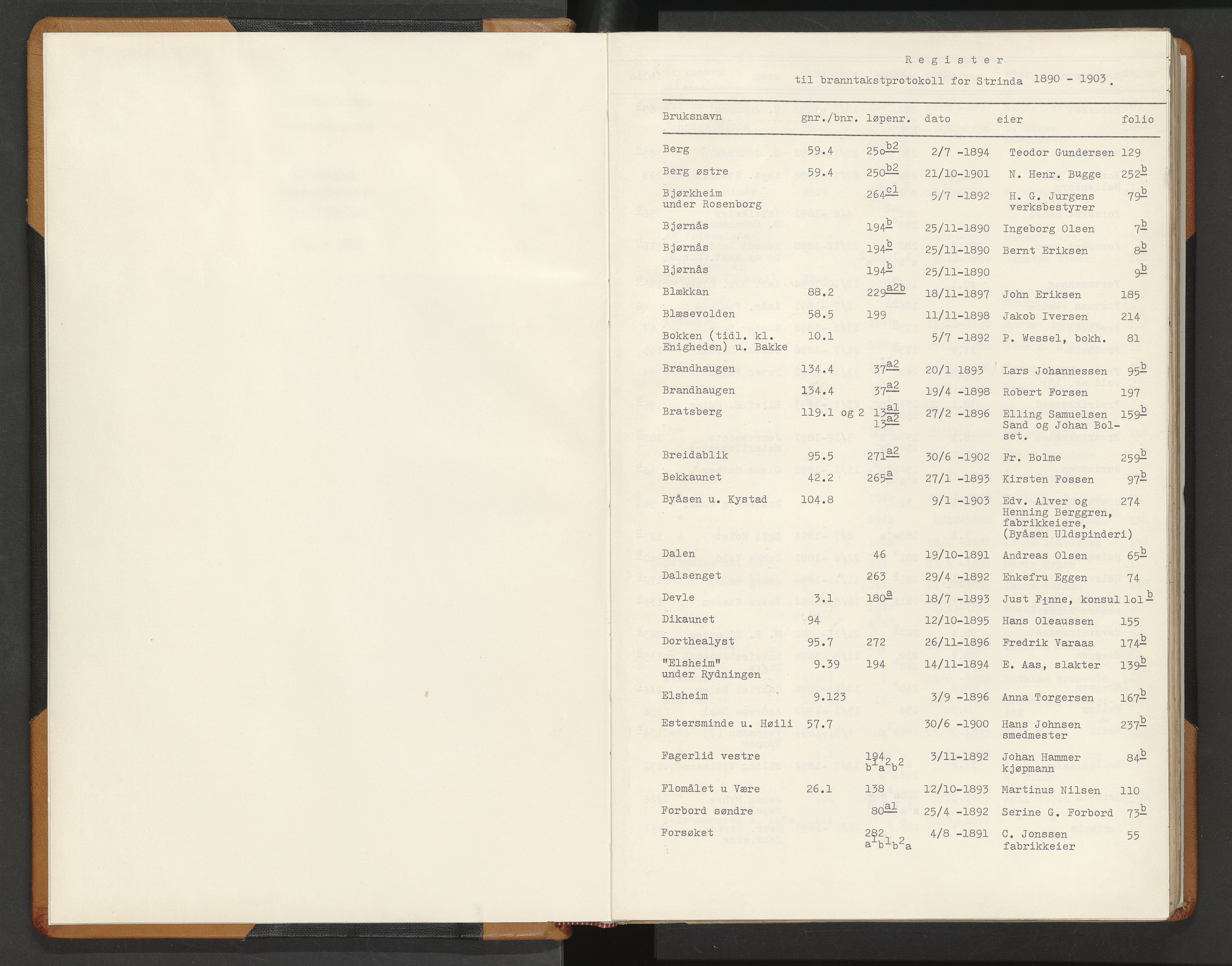 Norges Brannkasse Strinda, SAT/A-5516/Fa/L0005: Branntakstprotokoll, 1890-1903