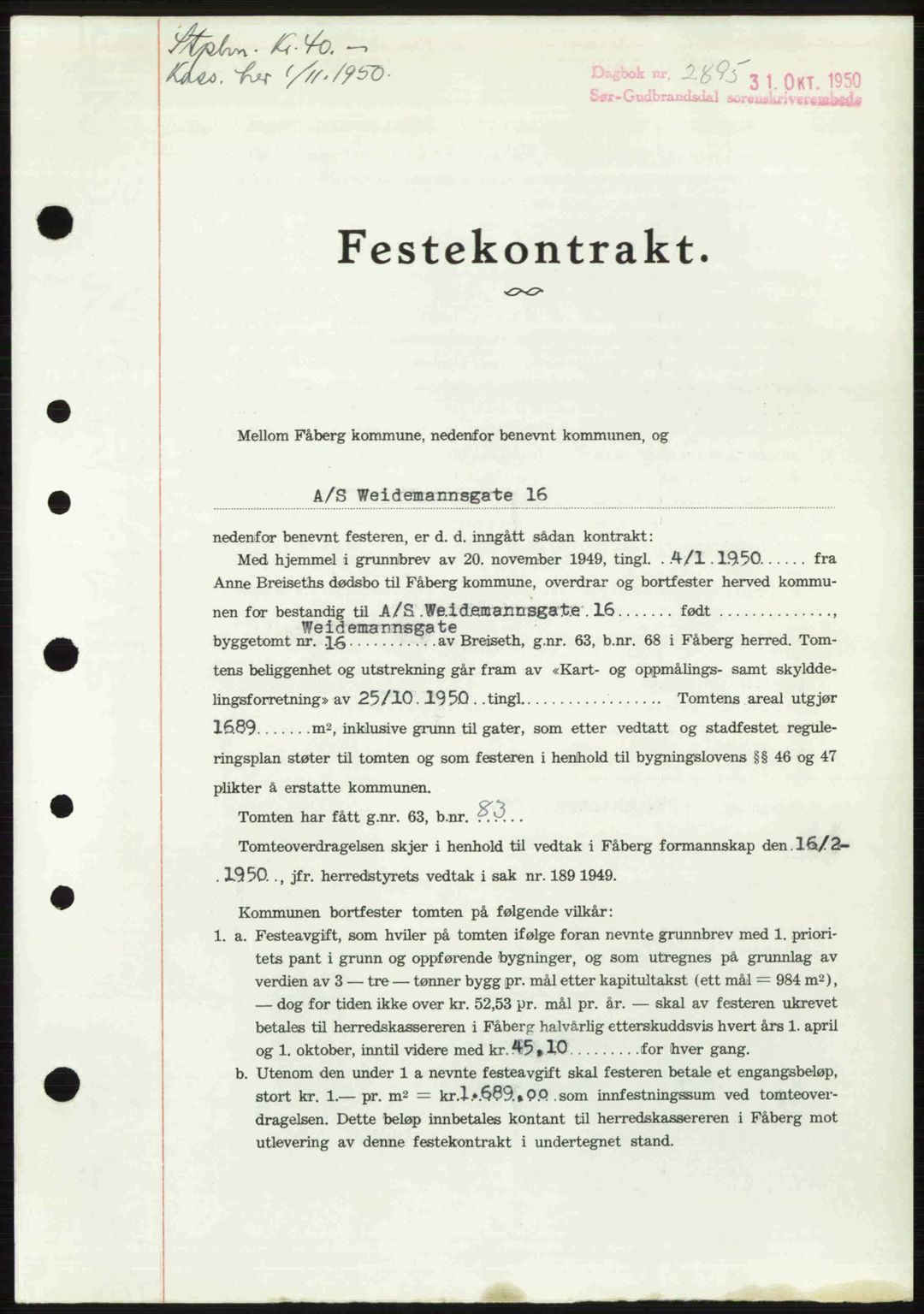 Sør-Gudbrandsdal tingrett, SAH/TING-004/H/Hb/Hbd/L0029: Pantebok nr. A29, 1950-1950, Dagboknr: 2895/1950