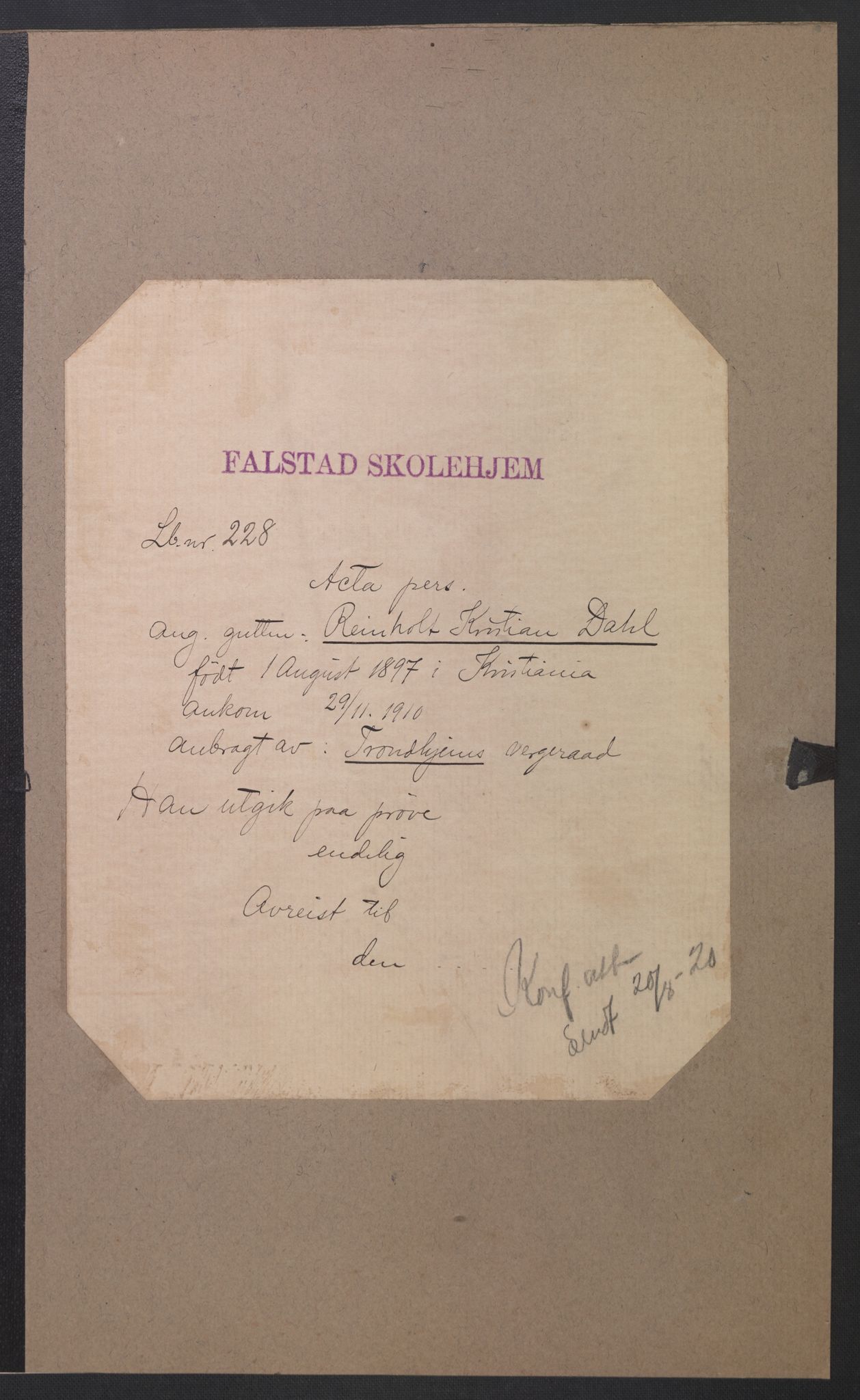 Falstad skolehjem, RA/S-1676/E/Eb/L0010: Elevmapper løpenr. 210-239, 1910-1917, s. 280