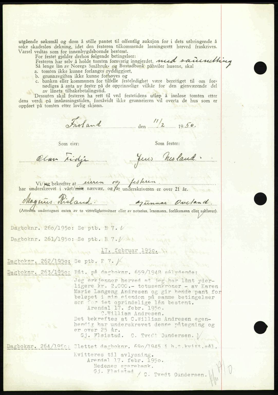 Nedenes sorenskriveri, AV/SAK-1221-0006/G/Gb/Gba/L0062: Pantebok nr. A14, 1949-1950, Dagboknr: 259/1950