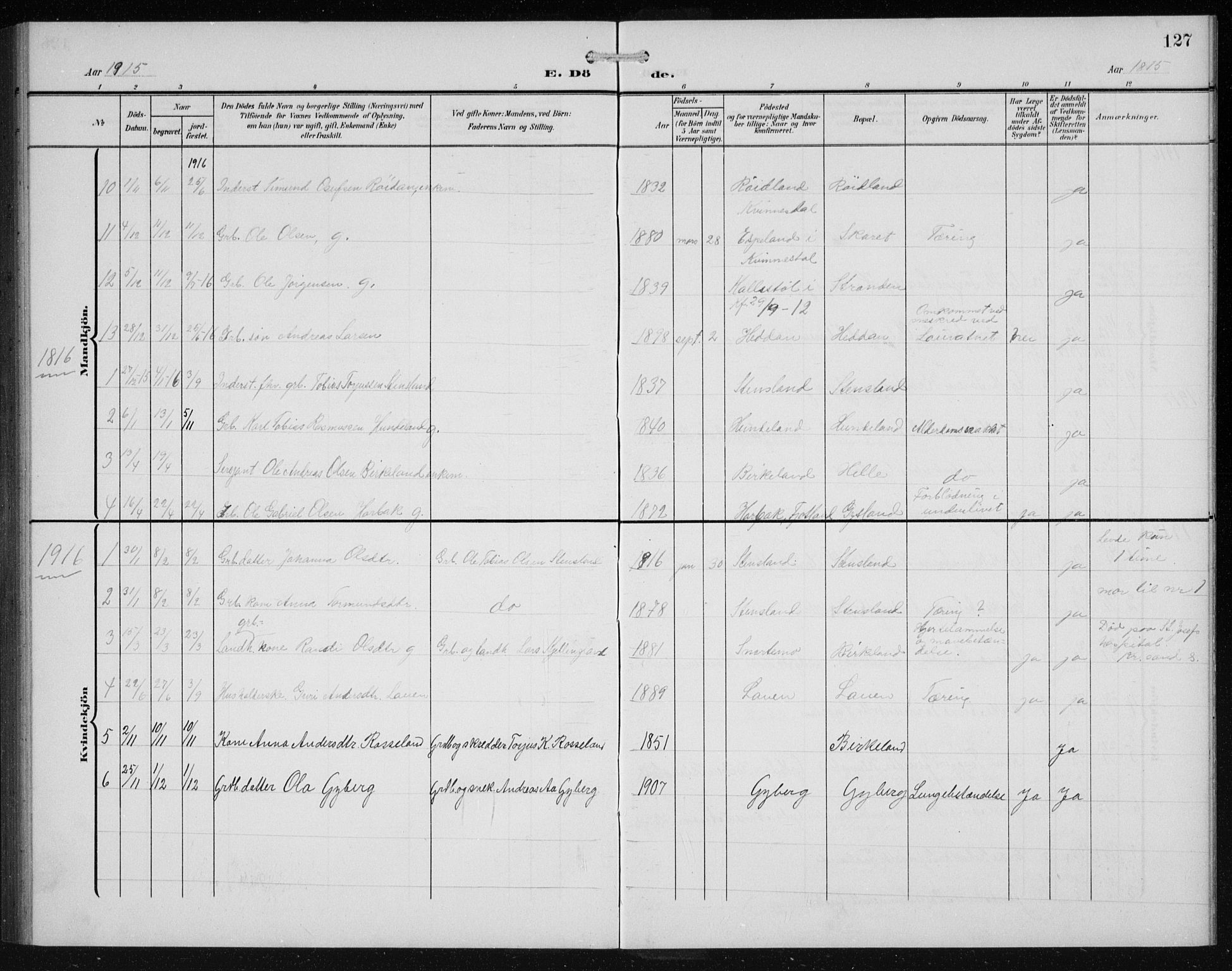 Hægebostad sokneprestkontor, AV/SAK-1111-0024/F/Fb/Fba/L0005: Klokkerbok nr. B 5, 1907-1931, s. 127