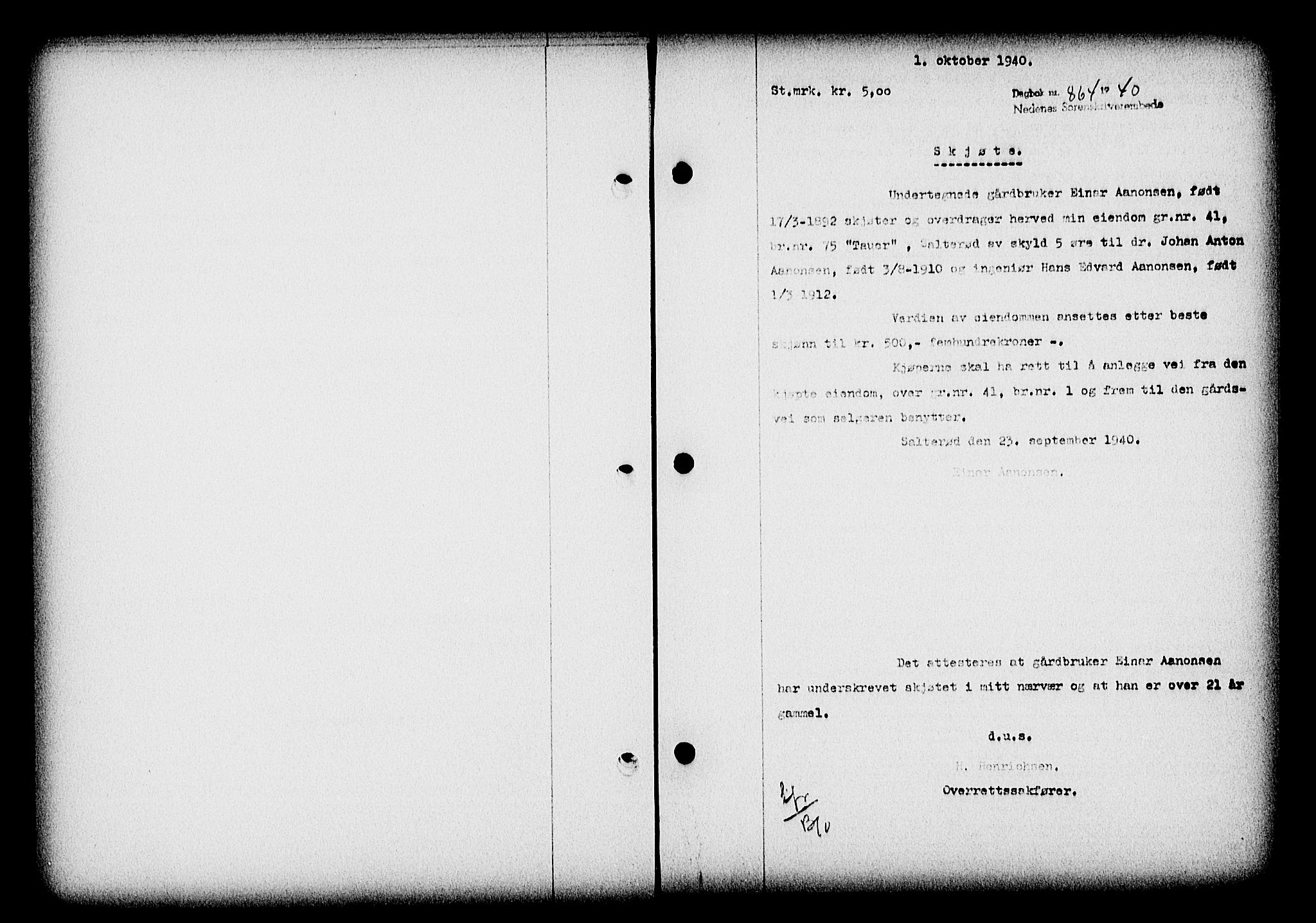 Nedenes sorenskriveri, AV/SAK-1221-0006/G/Gb/Gba/L0047: Pantebok nr. A-I, 1939-1940, Dagboknr: 864/1940