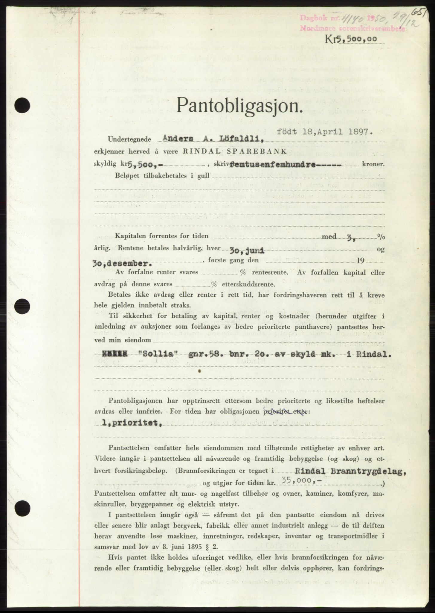 Nordmøre sorenskriveri, SAT/A-4132/1/2/2Ca: Pantebok nr. B106, 1950-1950, Dagboknr: 4140/1950