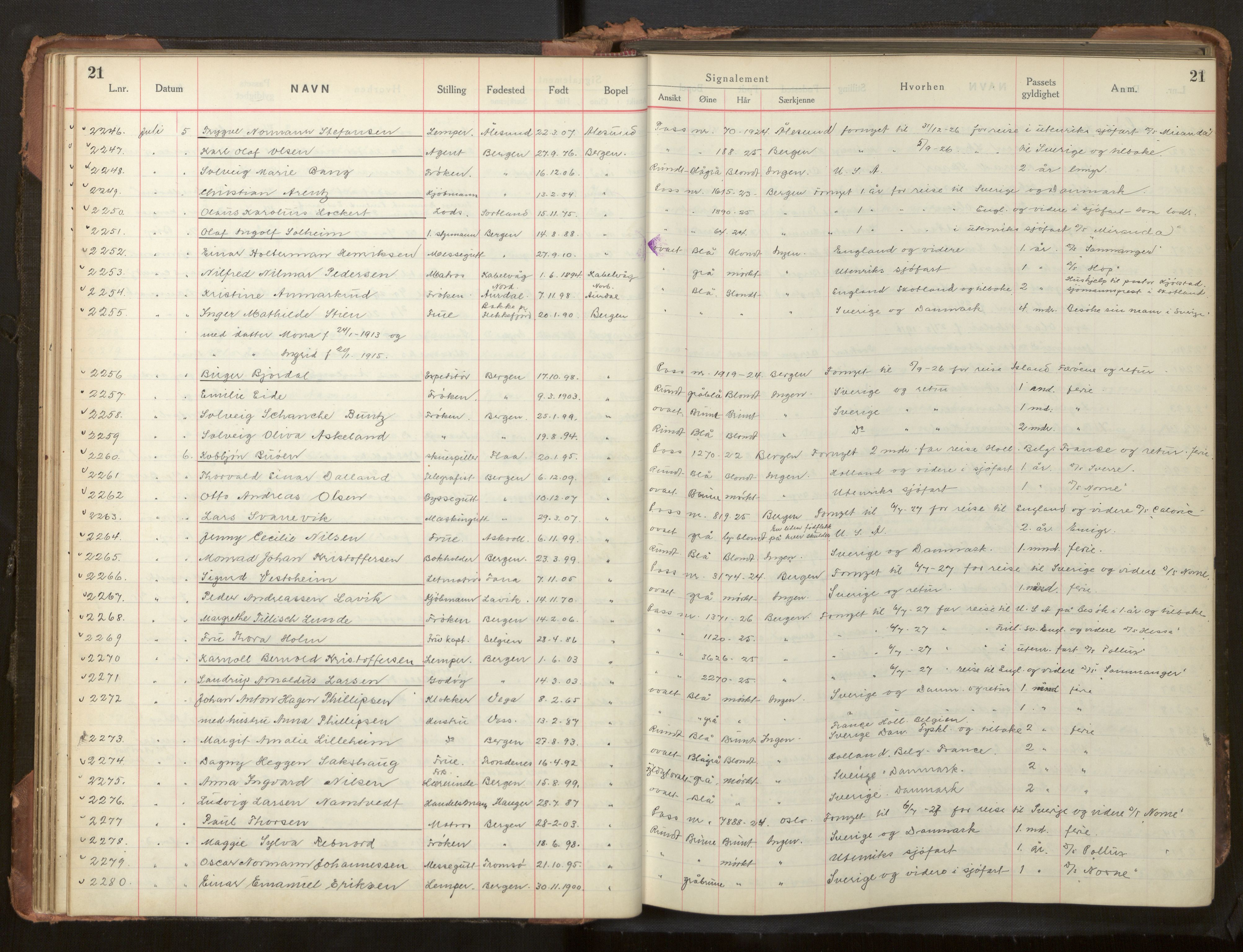 Bergen politikammer / politidistrikt, AV/SAB-A-60401/L/La/Lab/L0011: Passprotokoll, 1926-1928