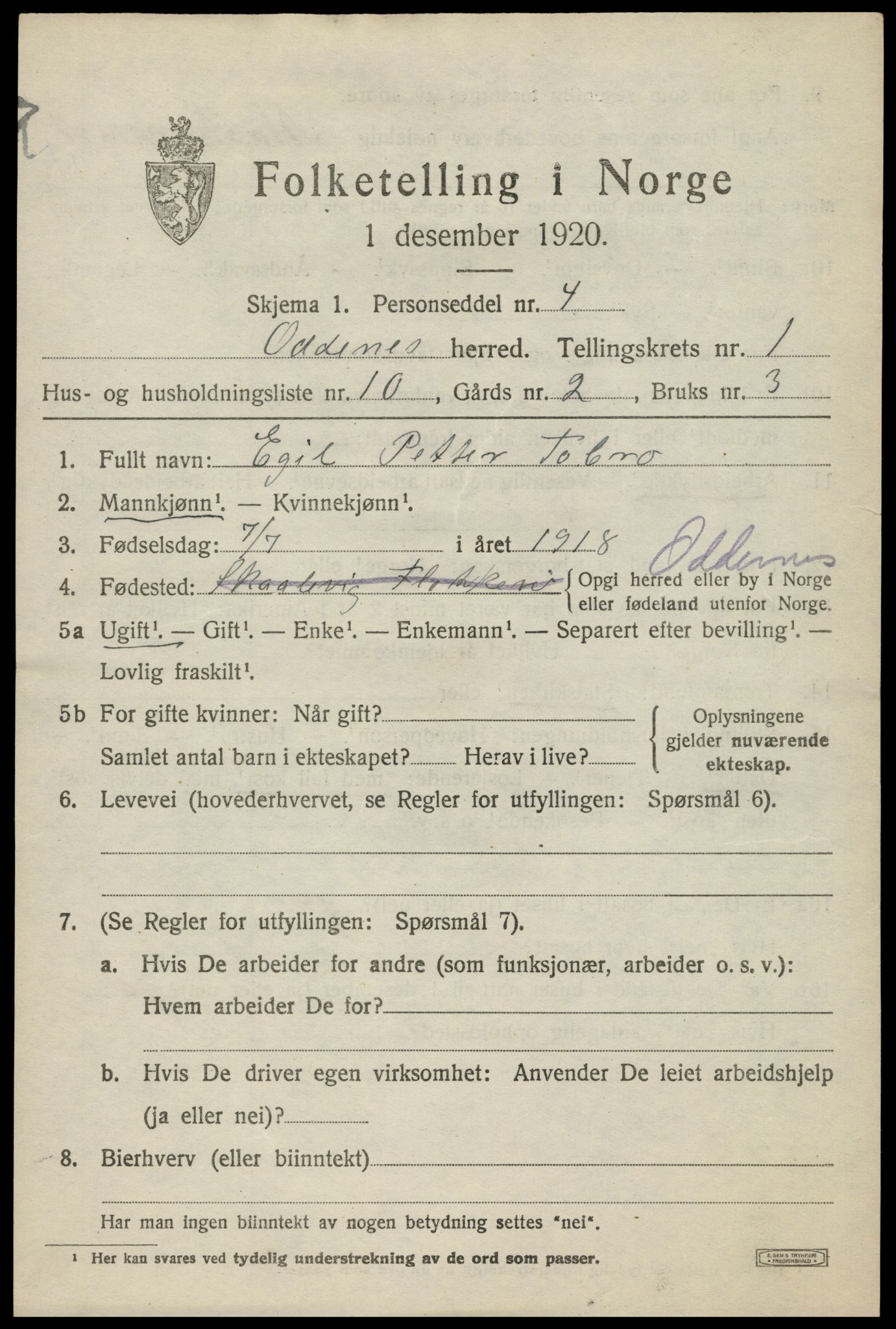 SAK, Folketelling 1920 for 1012 Oddernes herred, 1920, s. 2137