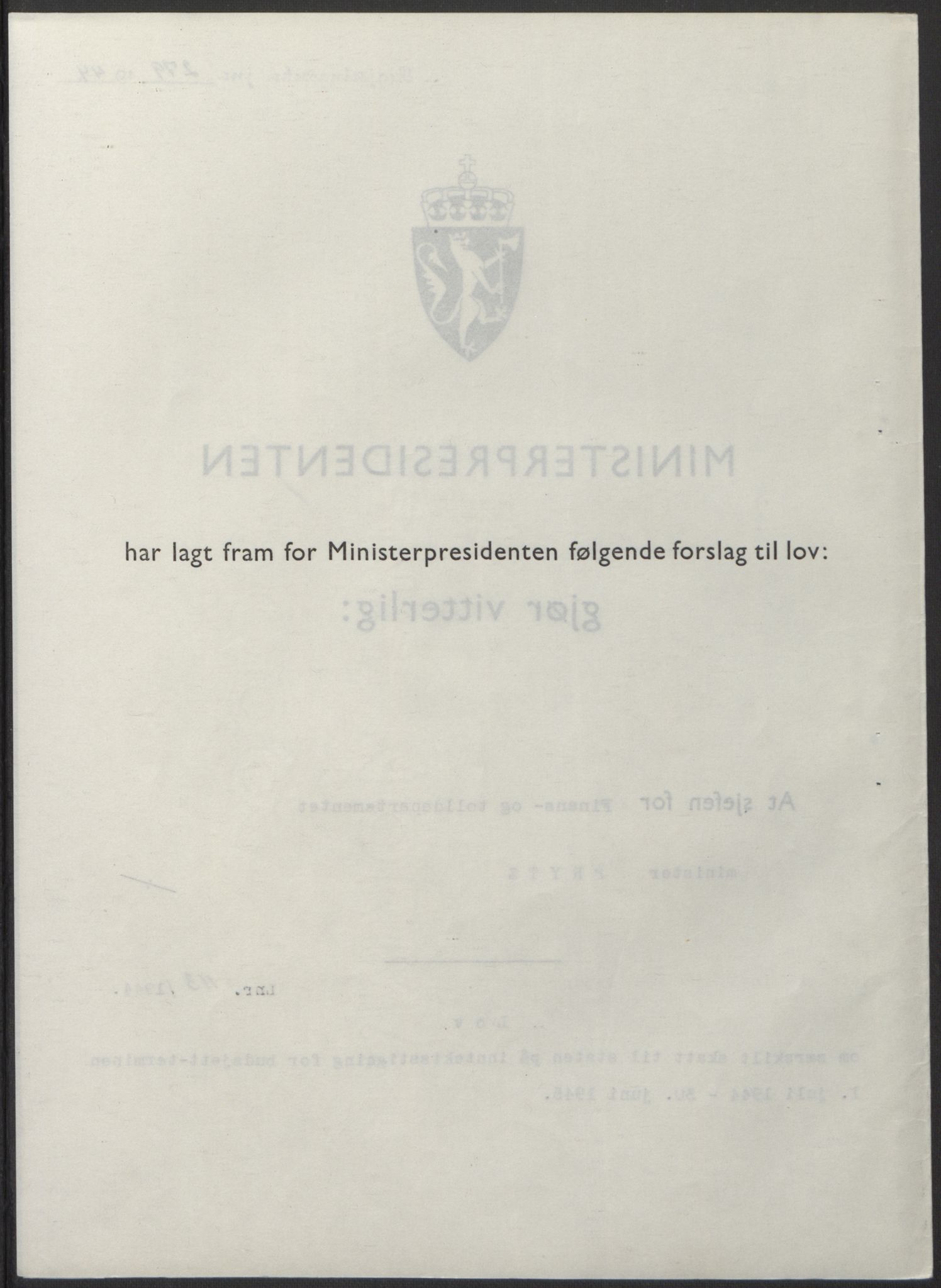 NS-administrasjonen 1940-1945 (Statsrådsekretariatet, de kommisariske statsråder mm), RA/S-4279/D/Db/L0100: Lover, 1944, s. 535