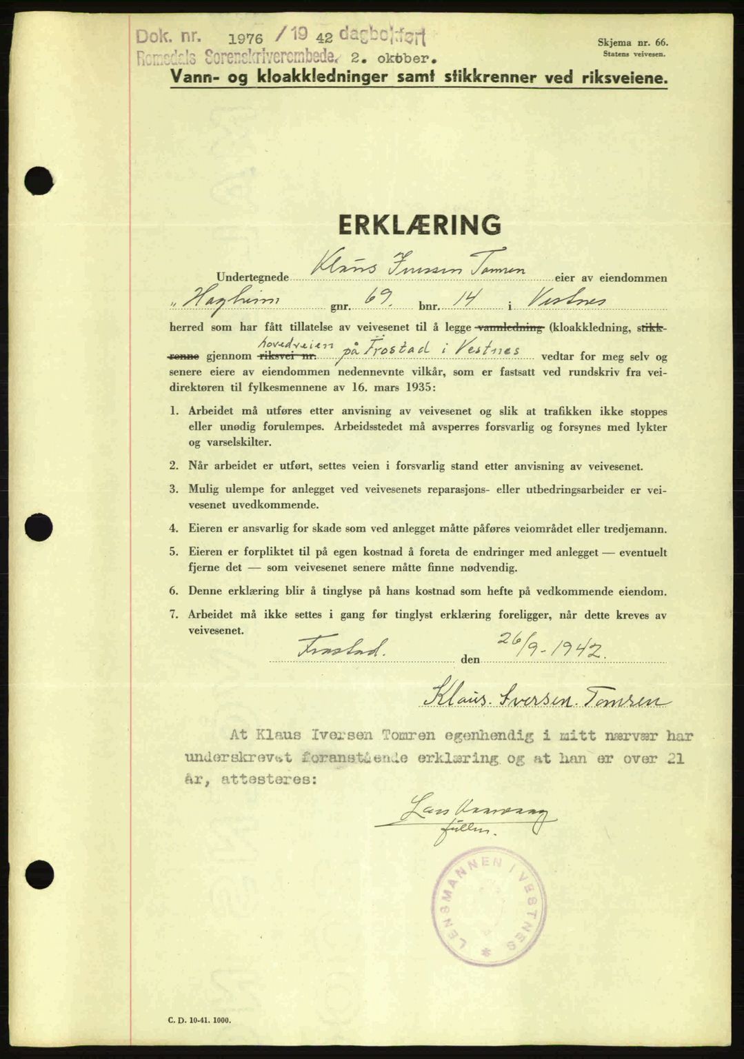 Romsdal sorenskriveri, SAT/A-4149/1/2/2C: Pantebok nr. A12, 1942-1942, Dagboknr: 1976/1942