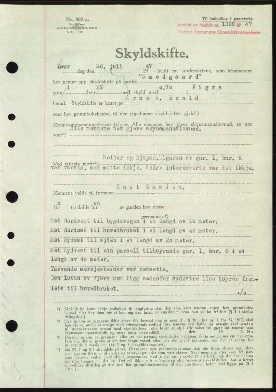 Nordre Sunnmøre sorenskriveri, AV/SAT-A-0006/1/2/2C/2Ca: Pantebok nr. A25, 1947-1947, Dagboknr: 1322/1947