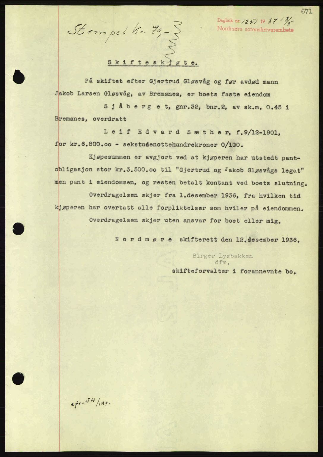 Nordmøre sorenskriveri, SAT/A-4132/1/2/2Ca: Pantebok nr. A81, 1937-1937, Dagboknr: 1251/1937