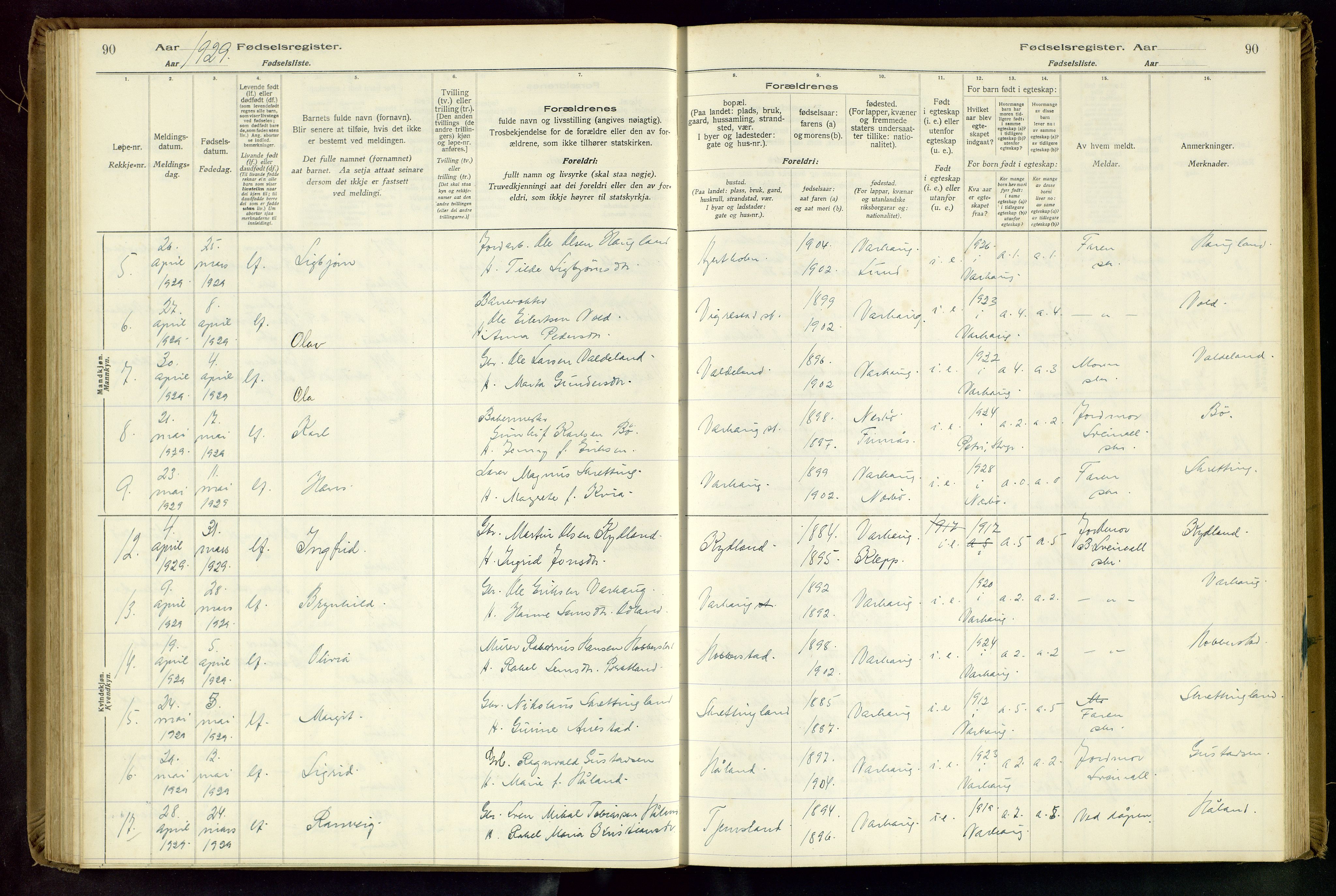 Hå sokneprestkontor, AV/SAST-A-101801/001/704BA/L0001: Fødselsregister nr. 1, 1916-1944, s. 90