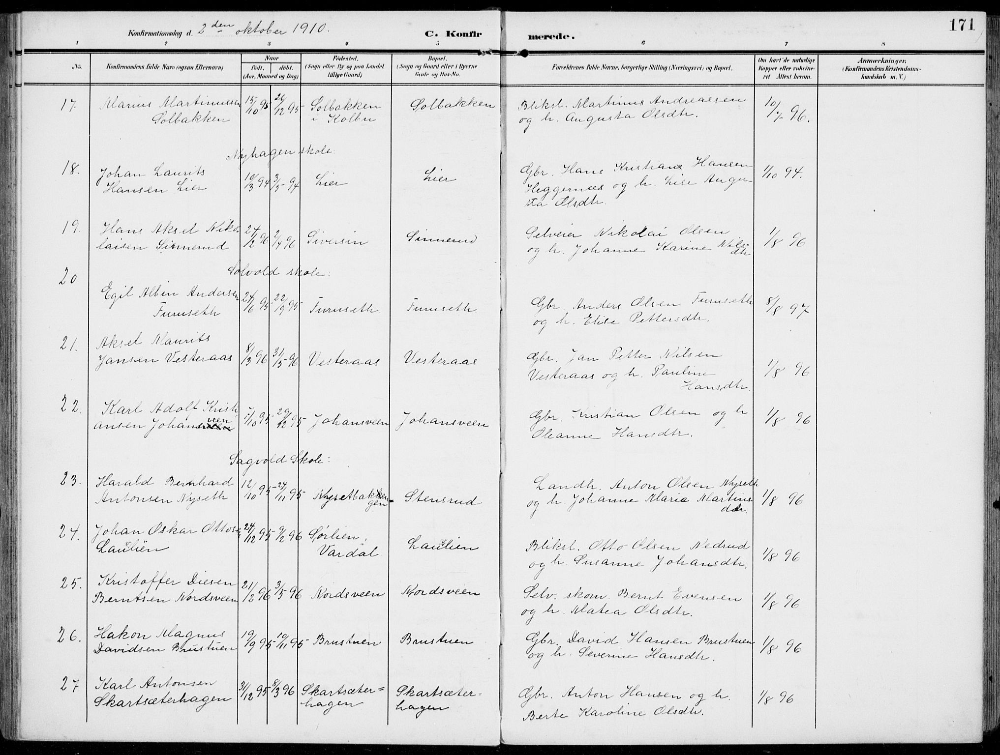 Vestre Toten prestekontor, AV/SAH-PREST-108/H/Ha/Haa/L0014: Ministerialbok nr. 14, 1907-1920, s. 171