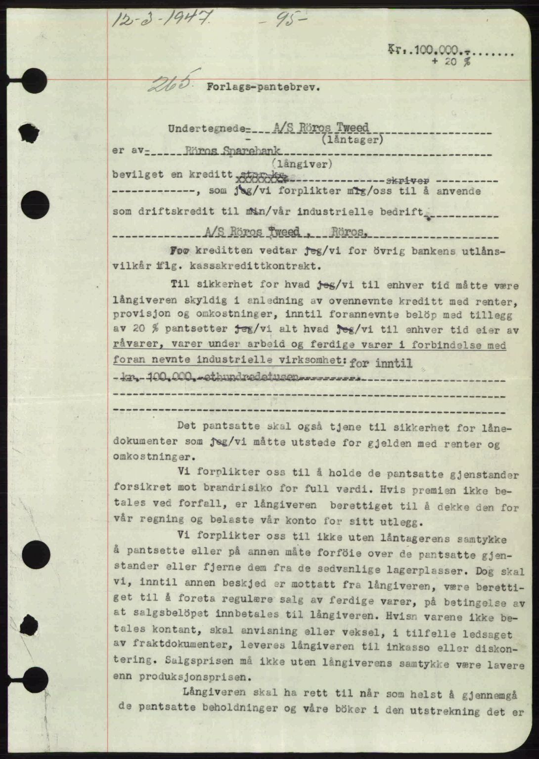 Gauldal sorenskriveri, SAT/A-0014/1/2/2C: Pantebok nr. A3, 1947-1947, Dagboknr: 265/1947
