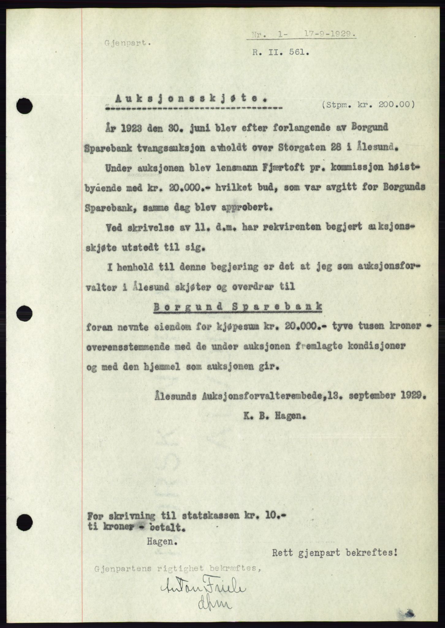 Ålesund byfogd, AV/SAT-A-4384: Pantebok nr. 25, 1929-1929, Tingl.dato: 17.09.1929