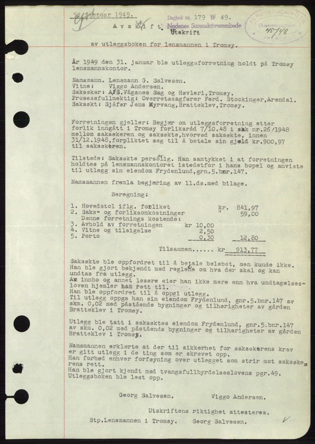 Nedenes sorenskriveri, AV/SAK-1221-0006/G/Gb/Gba/L0060: Pantebok nr. A12, 1948-1949, Dagboknr: 179/1949