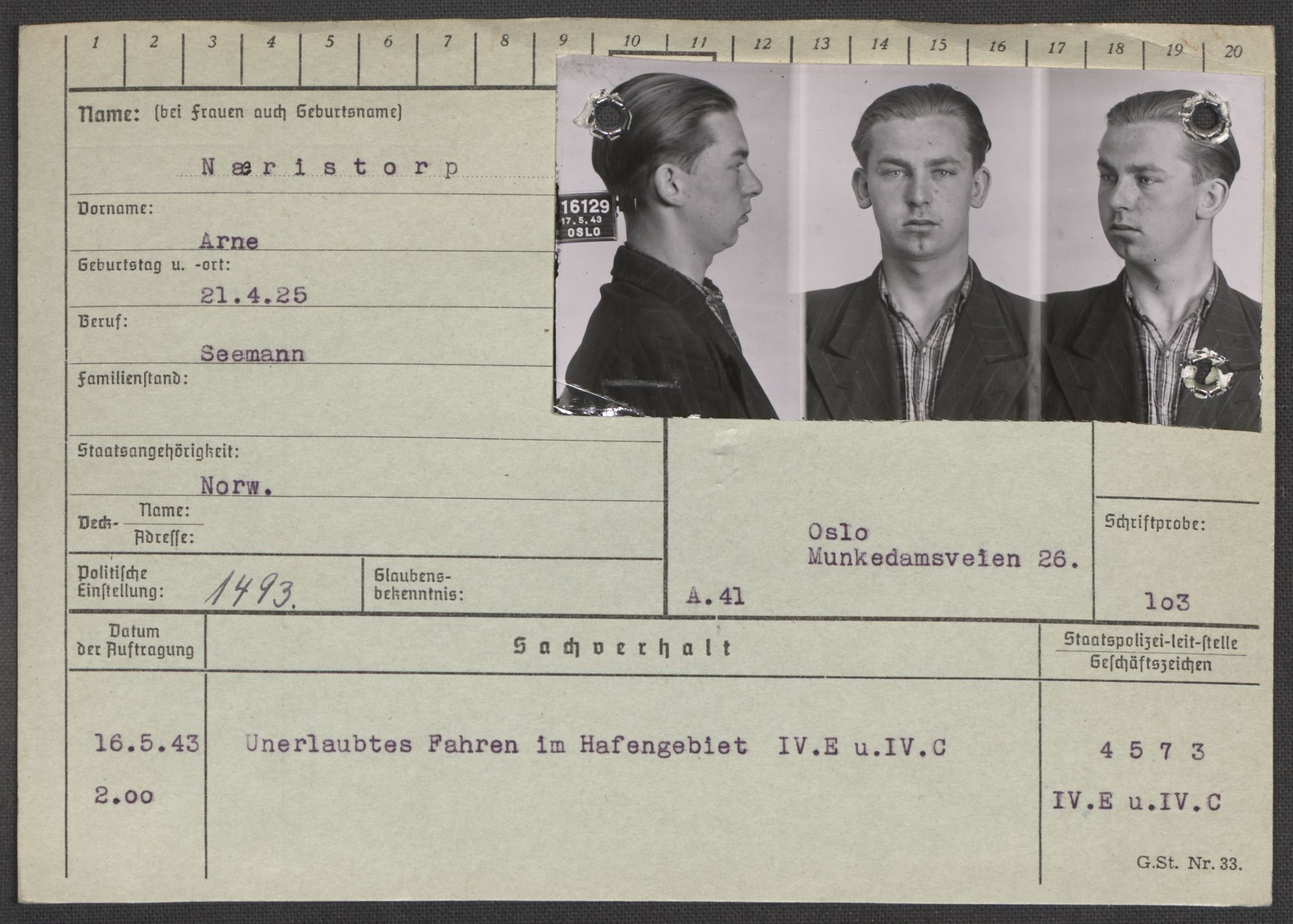 Befehlshaber der Sicherheitspolizei und des SD, AV/RA-RAFA-5969/E/Ea/Eaa/L0007: Register over norske fanger i Møllergata 19: Lundb-N, 1940-1945, s. 1566