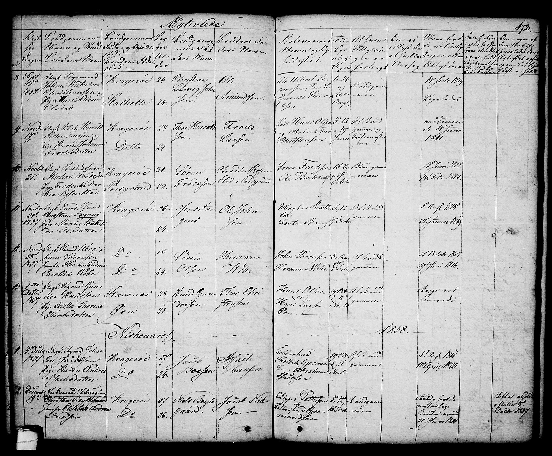 Kragerø kirkebøker, AV/SAKO-A-278/G/Ga/L0003: Klokkerbok nr. 3, 1832-1852, s. 172