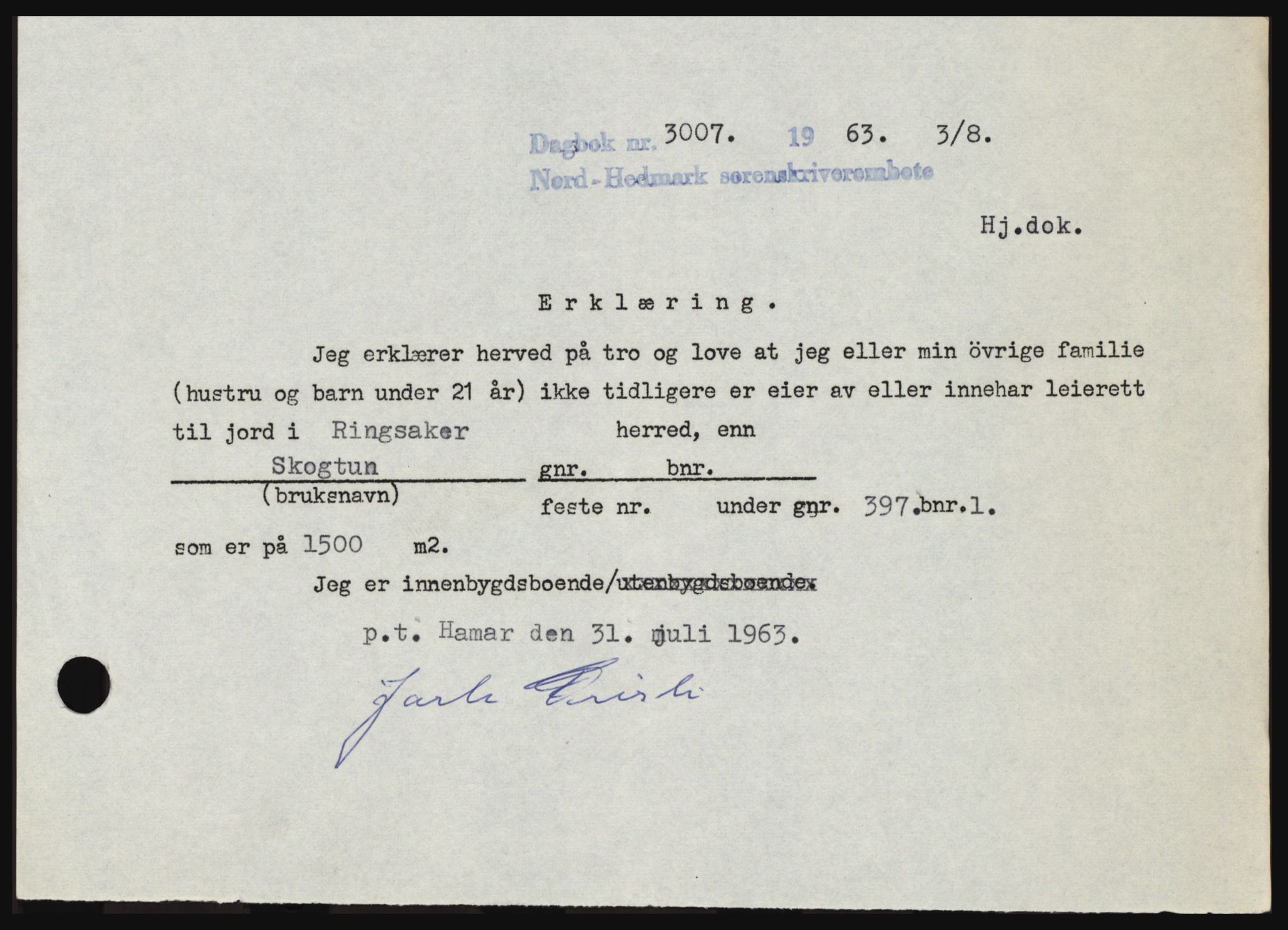 Nord-Hedmark sorenskriveri, SAH/TING-012/H/Hc/L0018: Pantebok nr. 18, 1963-1963, Dagboknr: 3007/1963