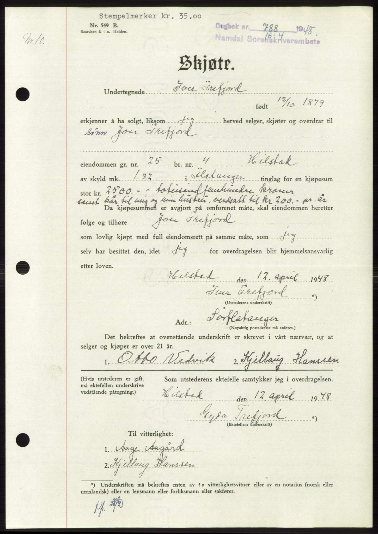 Namdal sorenskriveri, SAT/A-4133/1/2/2C: Pantebok nr. -, 1947-1948, Dagboknr: 788/1948