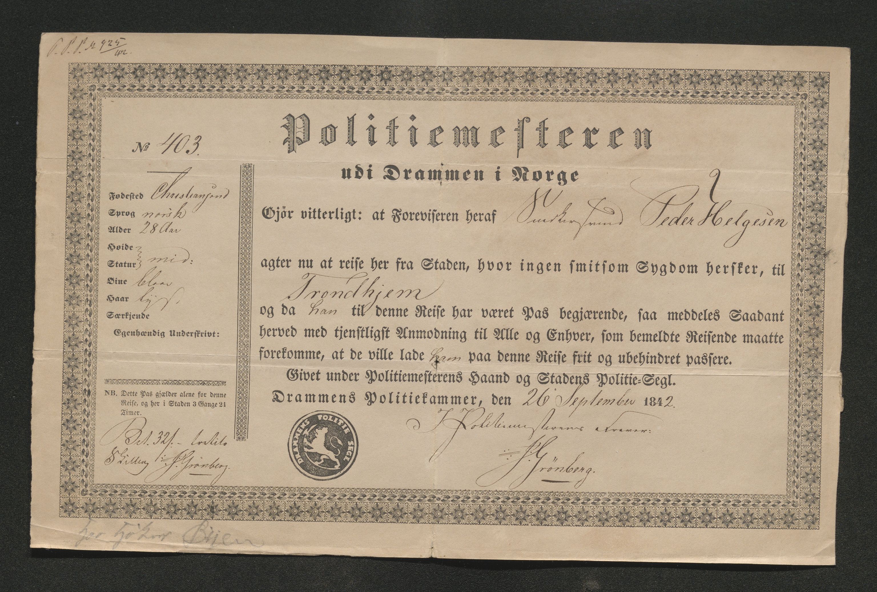 Drammen politikammer, SAKO/A-623/I/Ia/Iab/L0006: Innleverte pass, 1841-1842, s. 615