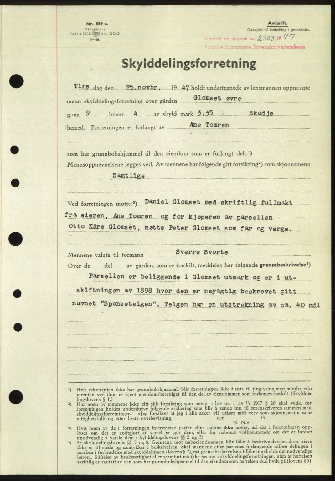 Nordre Sunnmøre sorenskriveri, AV/SAT-A-0006/1/2/2C/2Ca: Pantebok nr. A26, 1947-1948, Dagboknr: 2303/1947