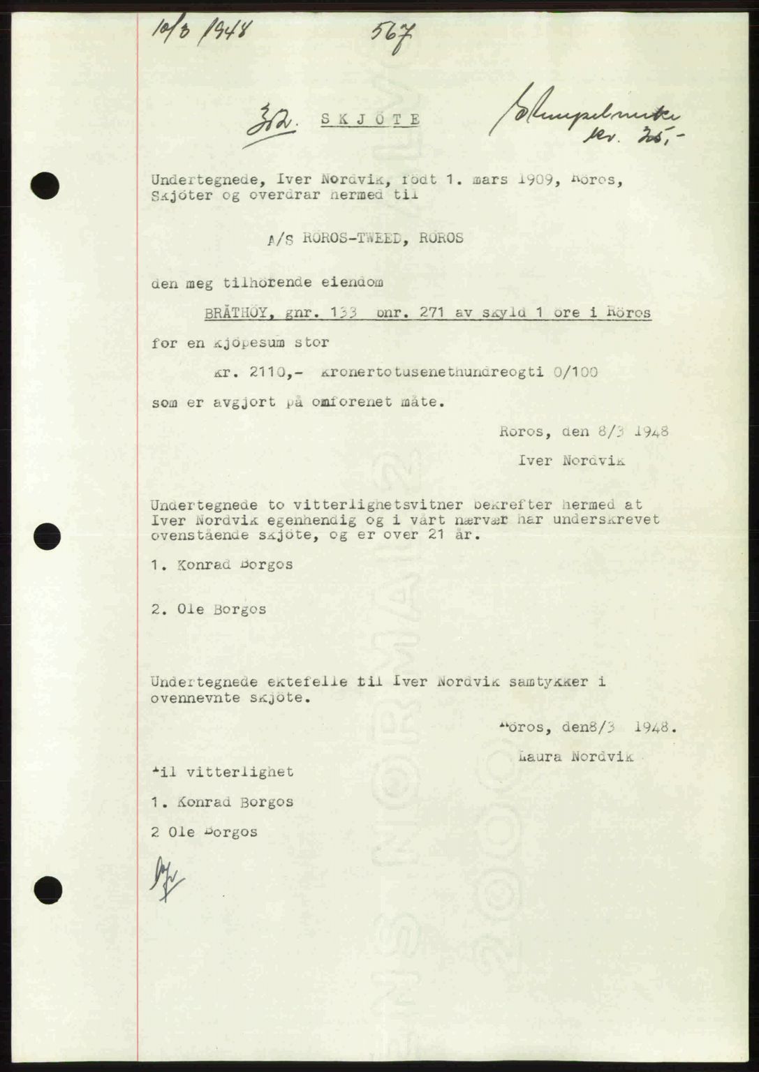 Gauldal sorenskriveri, SAT/A-0014/1/2/2C: Pantebok nr. A5, 1947-1948, Dagboknr: 302/1948