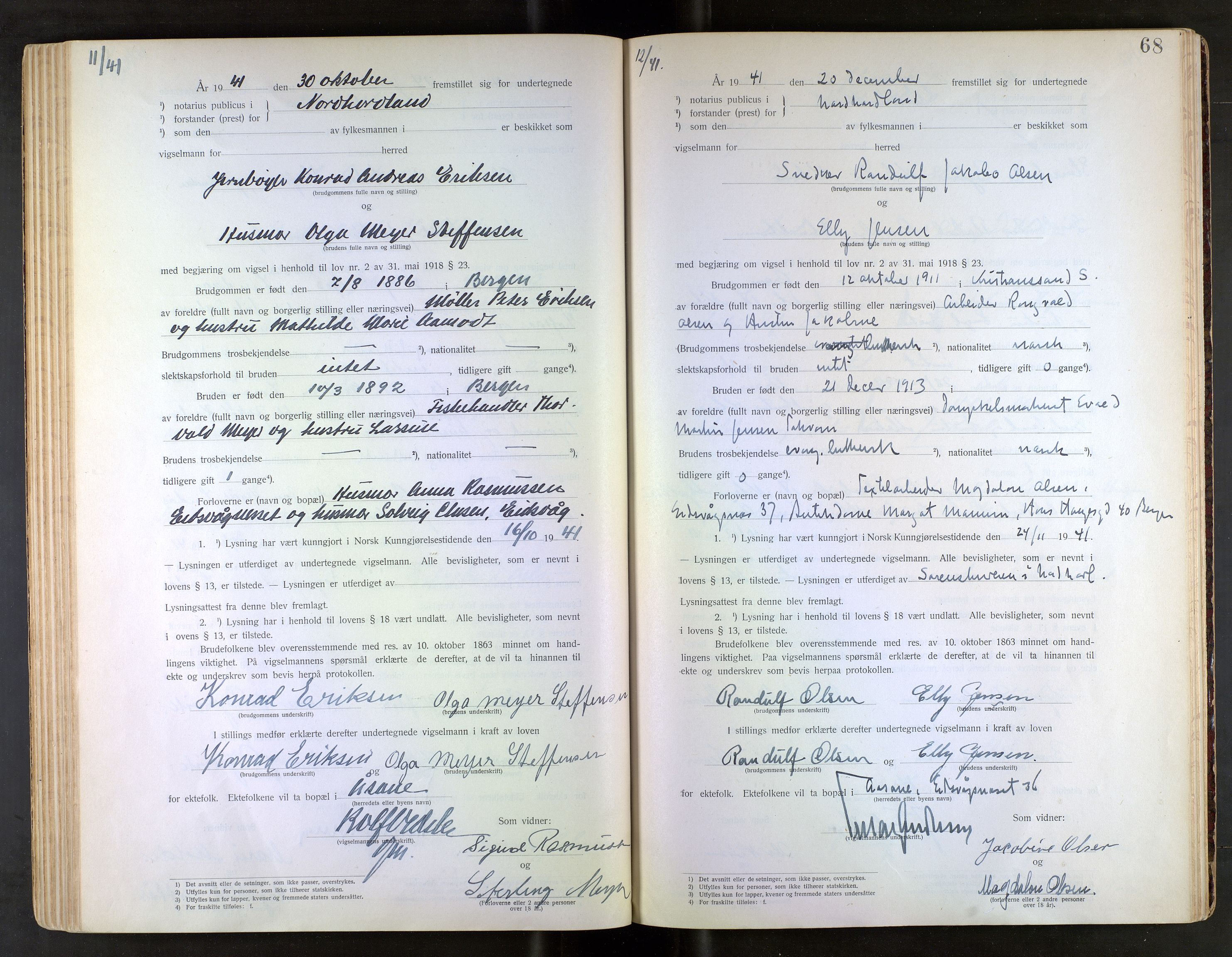 Nordhordland sorenskrivar, AV/SAB-A-2901/1/M/Mb/Mba/L0001: Vigselbøker, 1921-1942, s. 68