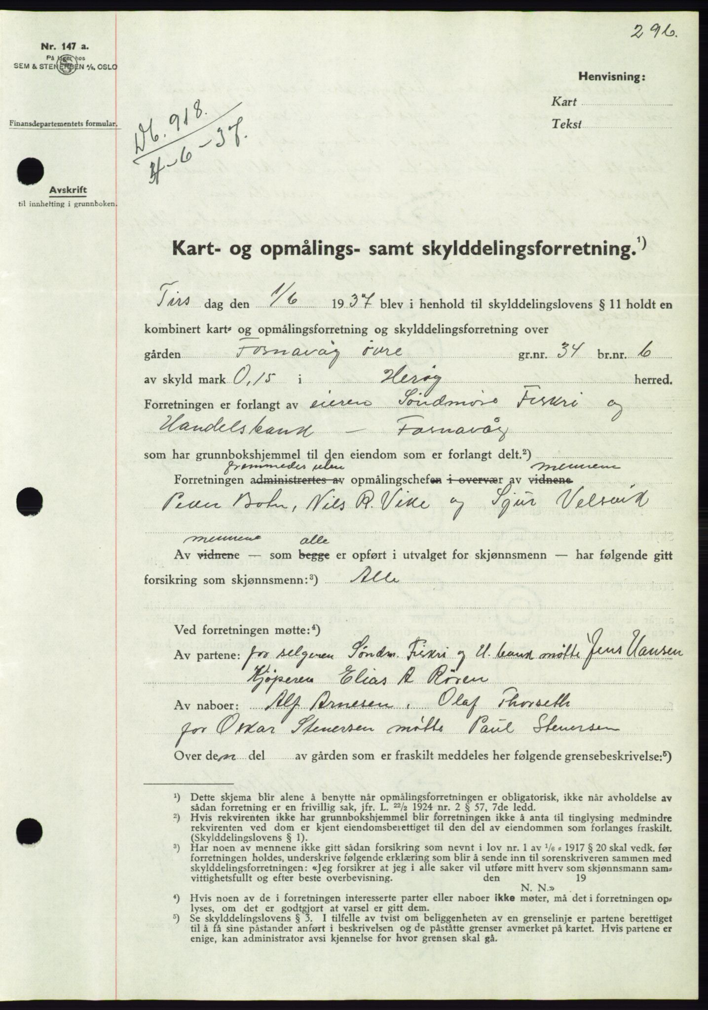 Søre Sunnmøre sorenskriveri, AV/SAT-A-4122/1/2/2C/L0063: Pantebok nr. 57, 1937-1937, Dagboknr: 918/1937