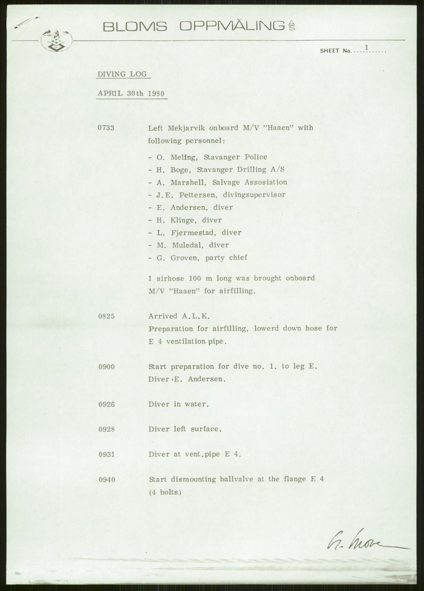 Justisdepartementet, Granskningskommisjonen ved Alexander Kielland-ulykken 27.3.1980, AV/RA-S-1165/D/L0006: A Alexander L. Kielland (Doku.liste + A3-A6, A11-A13, A18-A20-A21, A23, A31 av 31)/Dykkerjournaler, 1980-1981, s. 193