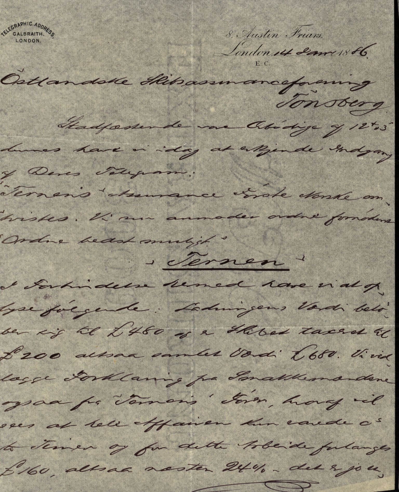 Pa 63 - Østlandske skibsassuranceforening, VEMU/A-1079/G/Ga/L0019/0001: Havaridokumenter / Telanak, Telefon, Ternen, Sir John Lawrence, Benguela, 1886, s. 43