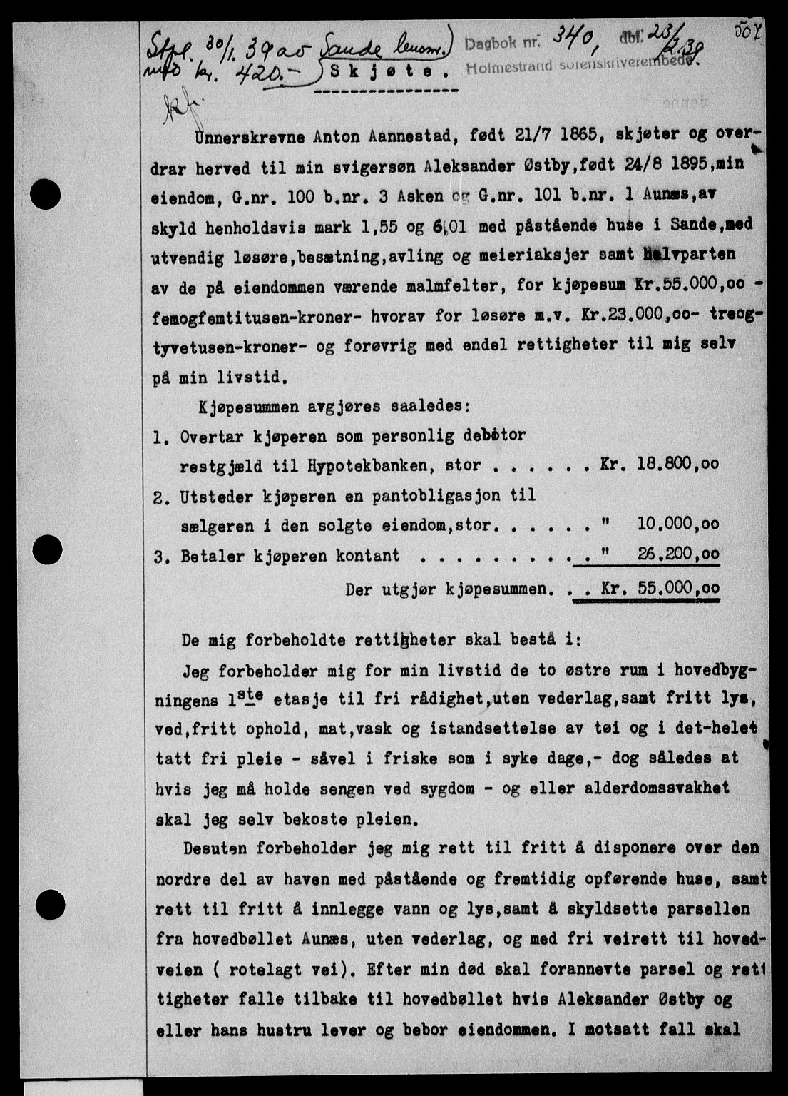 Holmestrand sorenskriveri, SAKO/A-67/G/Ga/Gaa/L0050: Pantebok nr. A-50, 1938-1939, Dagboknr: 340/1939