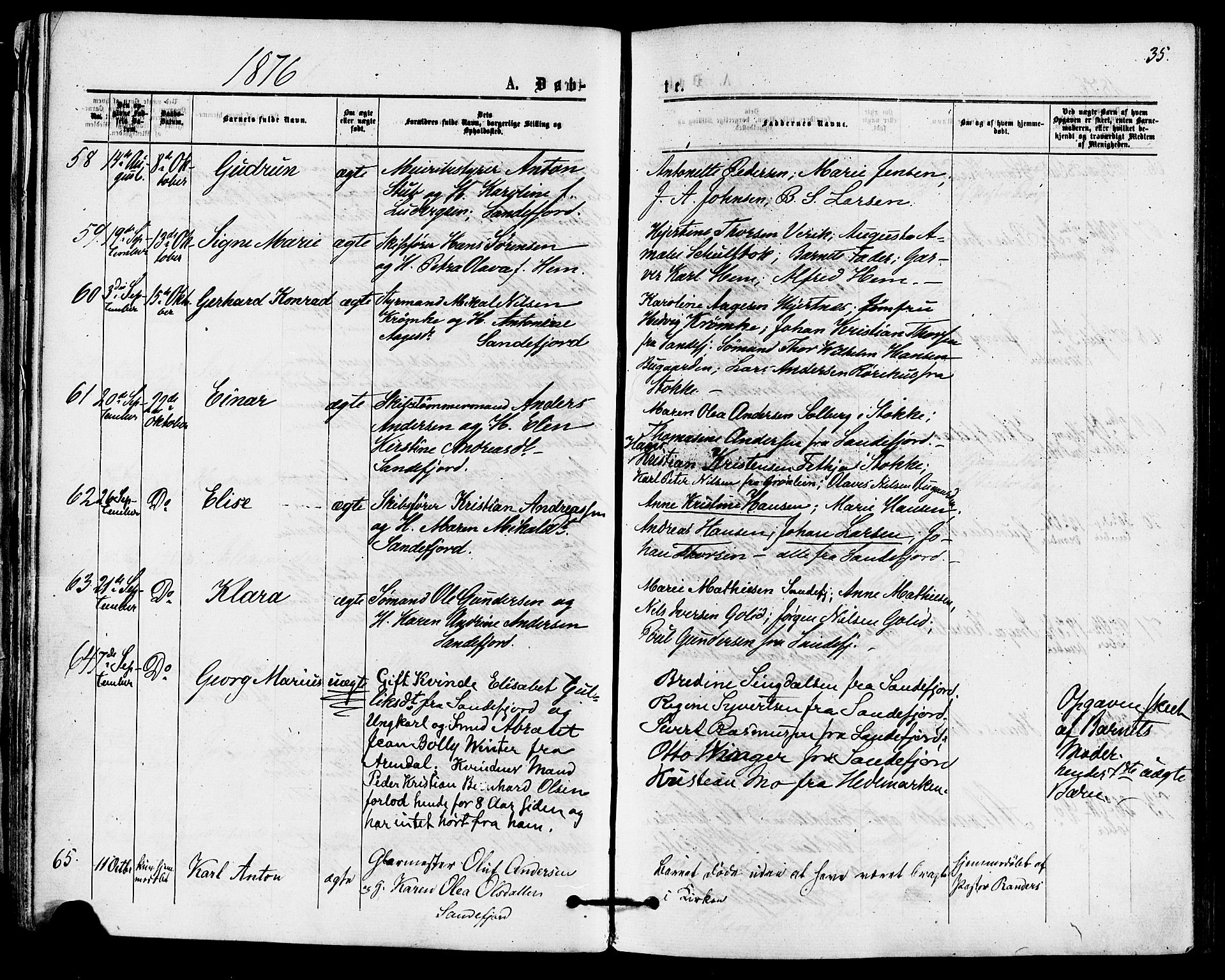 Sandefjord kirkebøker, AV/SAKO-A-315/F/Fa/L0001: Ministerialbok nr. 1, 1873-1879, s. 35