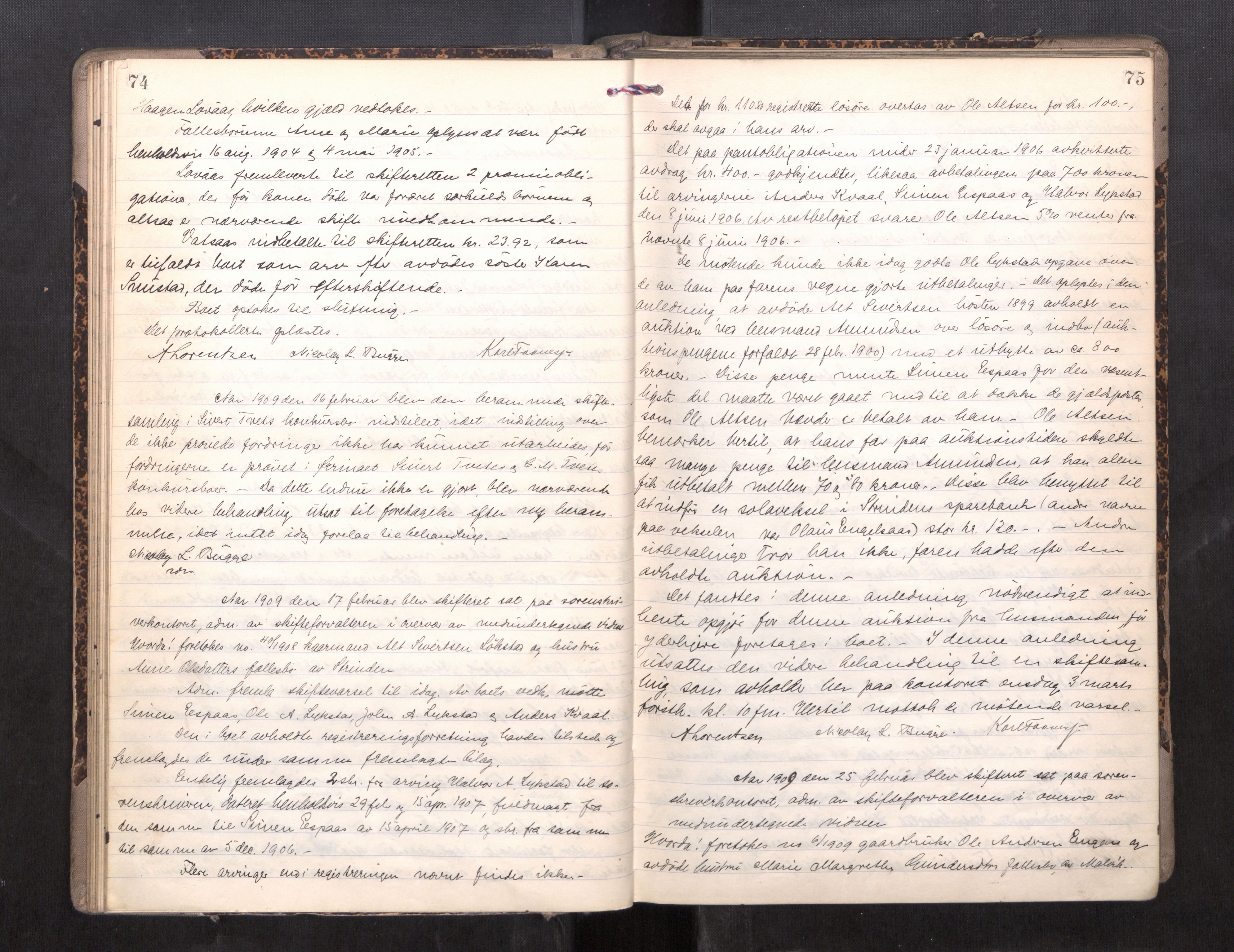 Strinda og Selbu sorenskriveri, AV/SAT-A-0015/3/3B/L0010: Skifteforhandlingsprot. 10, 1908-1913, s. 74-75
