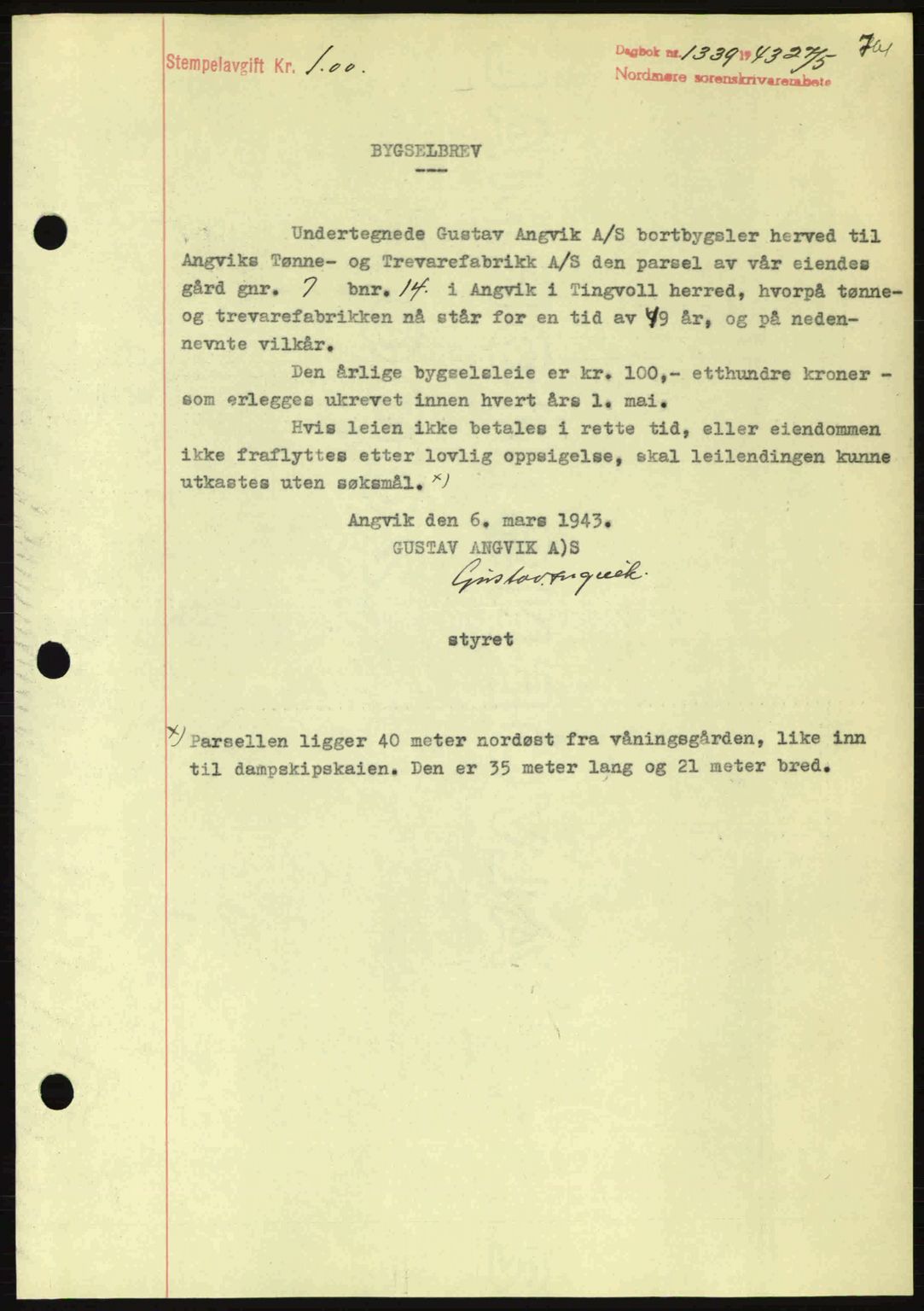 Nordmøre sorenskriveri, SAT/A-4132/1/2/2Ca: Pantebok nr. B90, 1942-1943, Dagboknr: 1339/1943