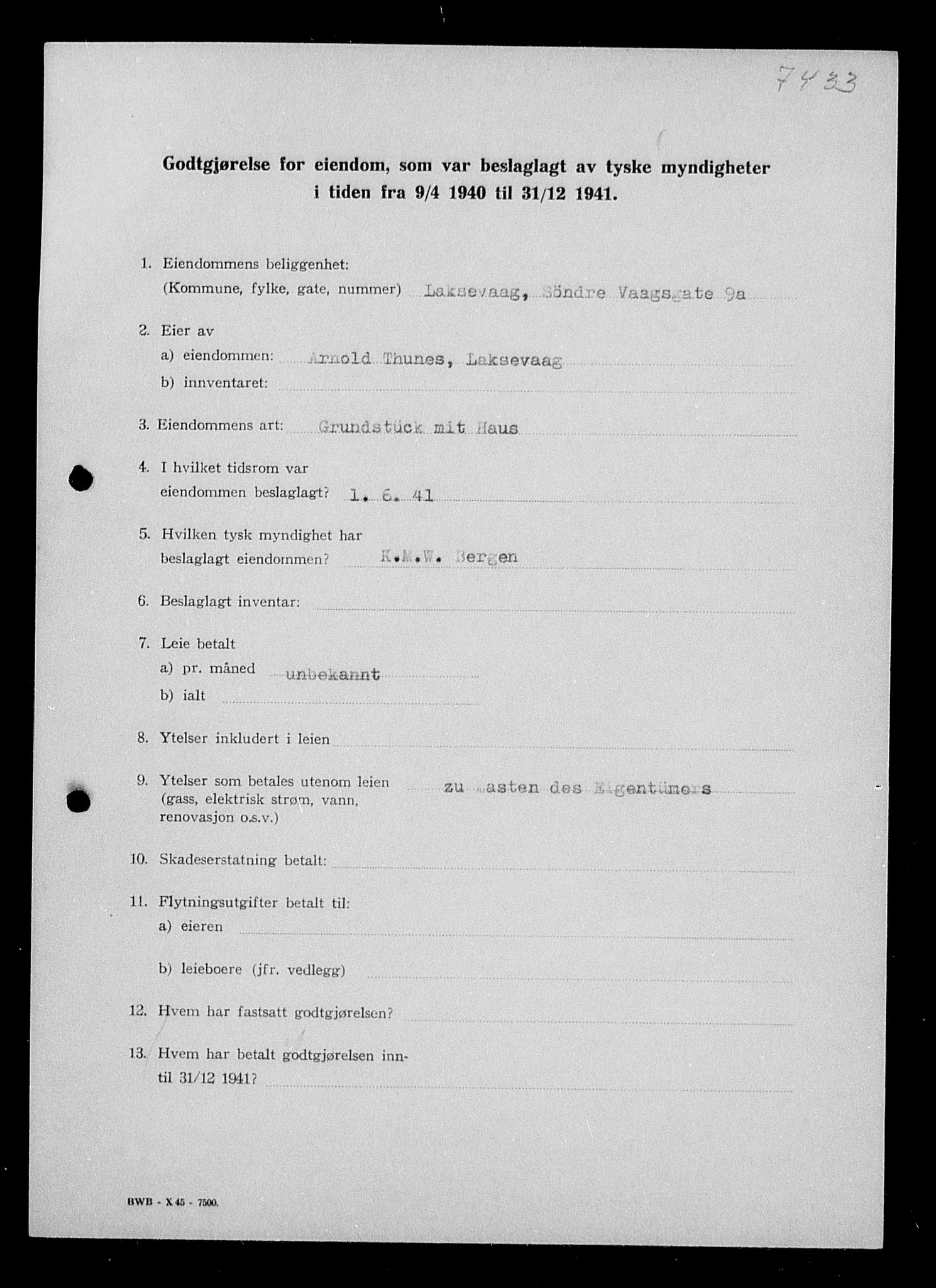 Justisdepartementet, Tilbakeføringskontoret for inndratte formuer, RA/S-1564/I/L1016: Godtgjørelse for beslaglagt eiendom, 1940-1941, s. 323