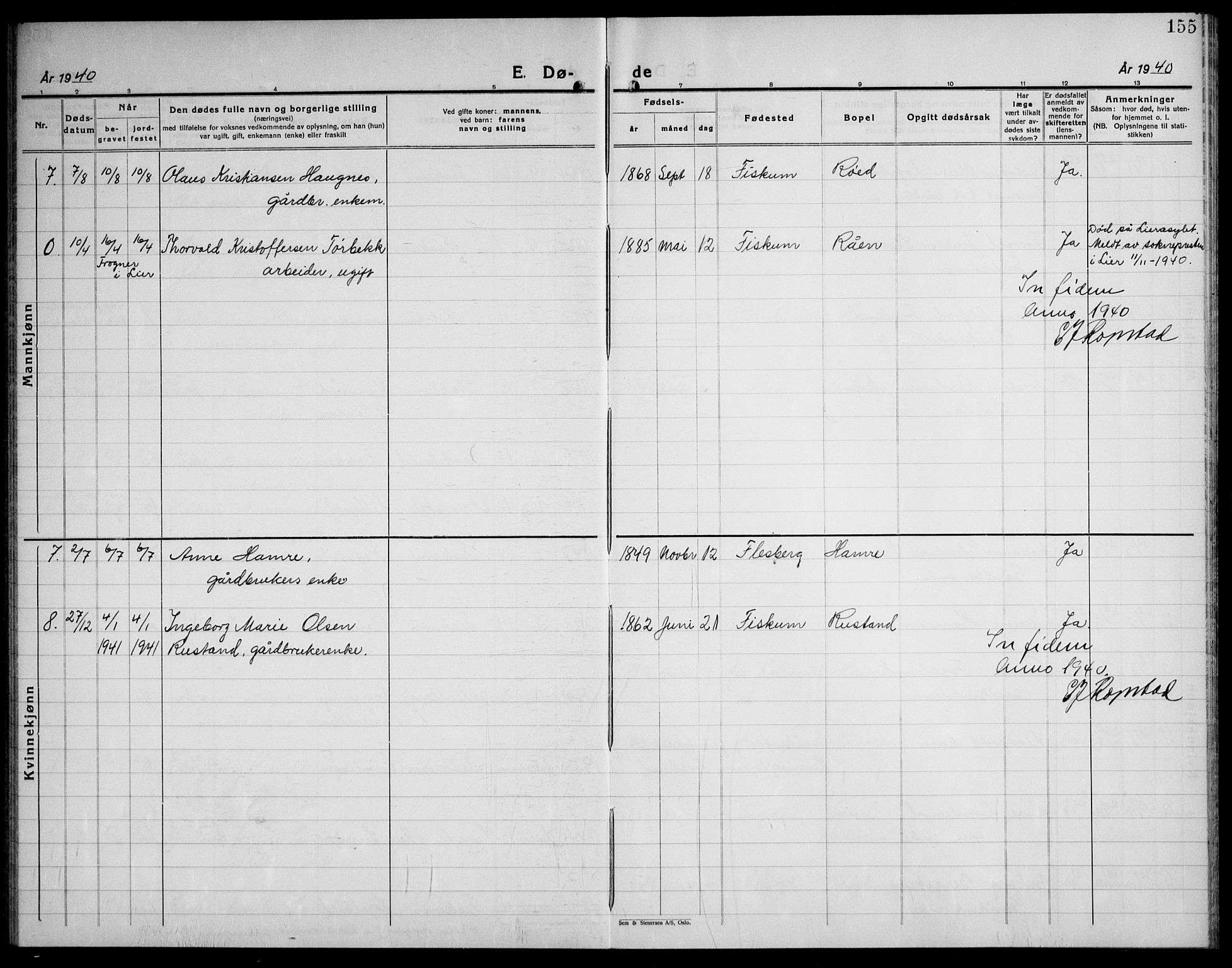 Fiskum kirkebøker, SAKO/A-15/G/Ga/L0007: Klokkerbok nr. 7, 1928-1945, s. 155