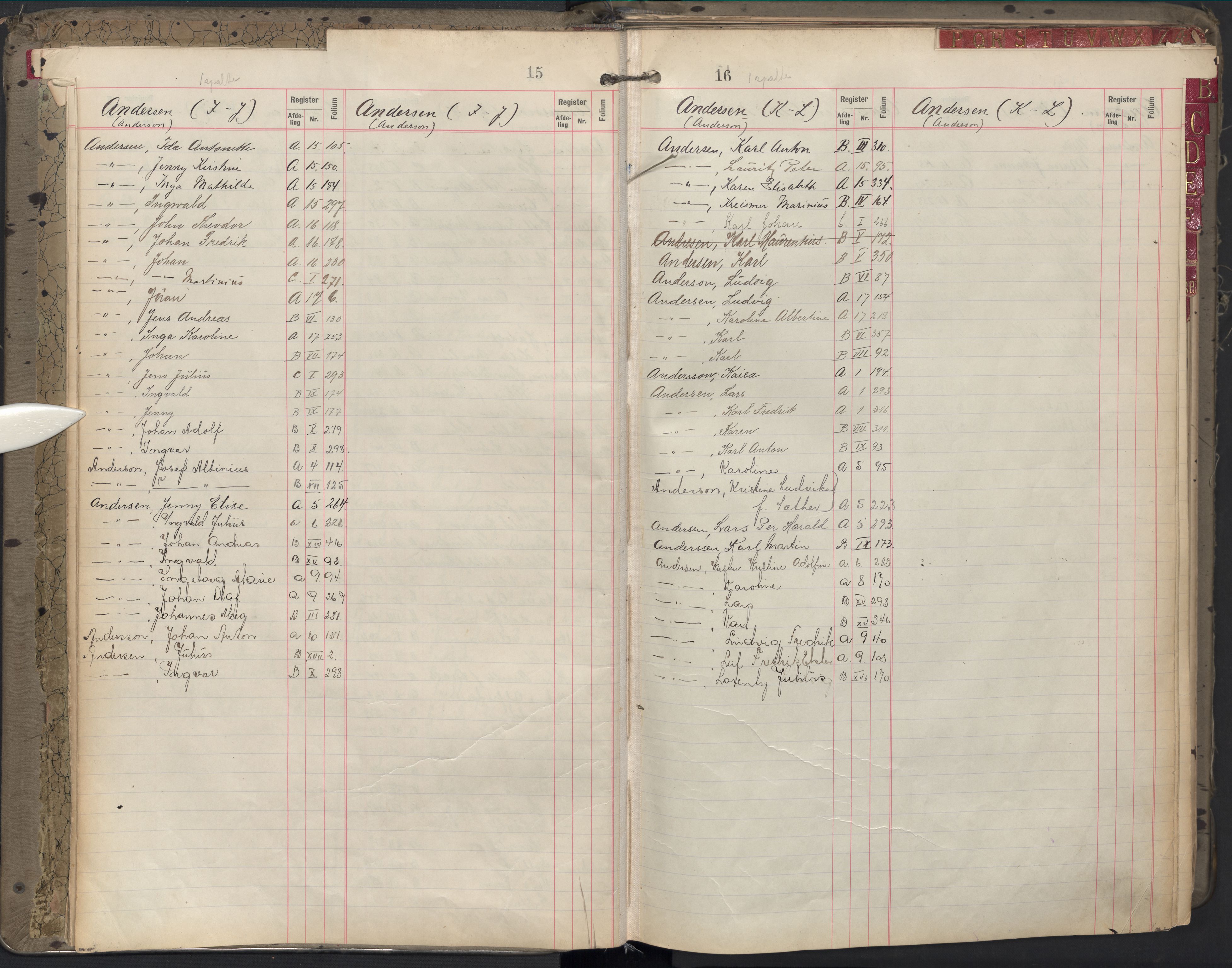 Oslo byfogd avd. II, AV/SAO-A-10942/G/Ga/Gab/L0002: Personregister: A 1-17, B 1-17, C 1, 1907, s. 15-16