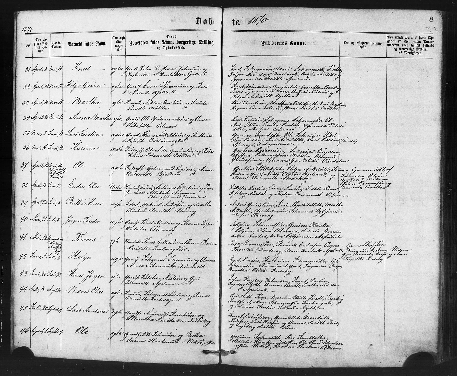 Sveio Sokneprestembete, AV/SAB-A-78501/H/Haa: Ministerialbok nr. B 1, 1870-1883, s. 8