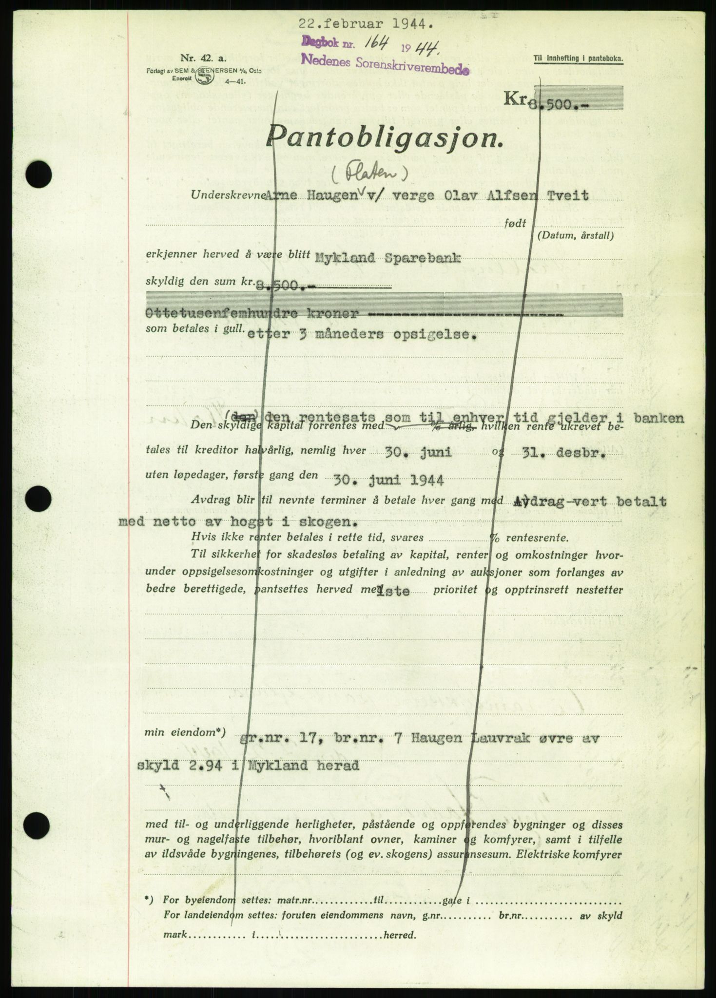 Nedenes sorenskriveri, SAK/1221-0006/G/Gb/Gbb/L0002: Pantebok nr. II, 1942-1945, Dagboknr: 164/1944