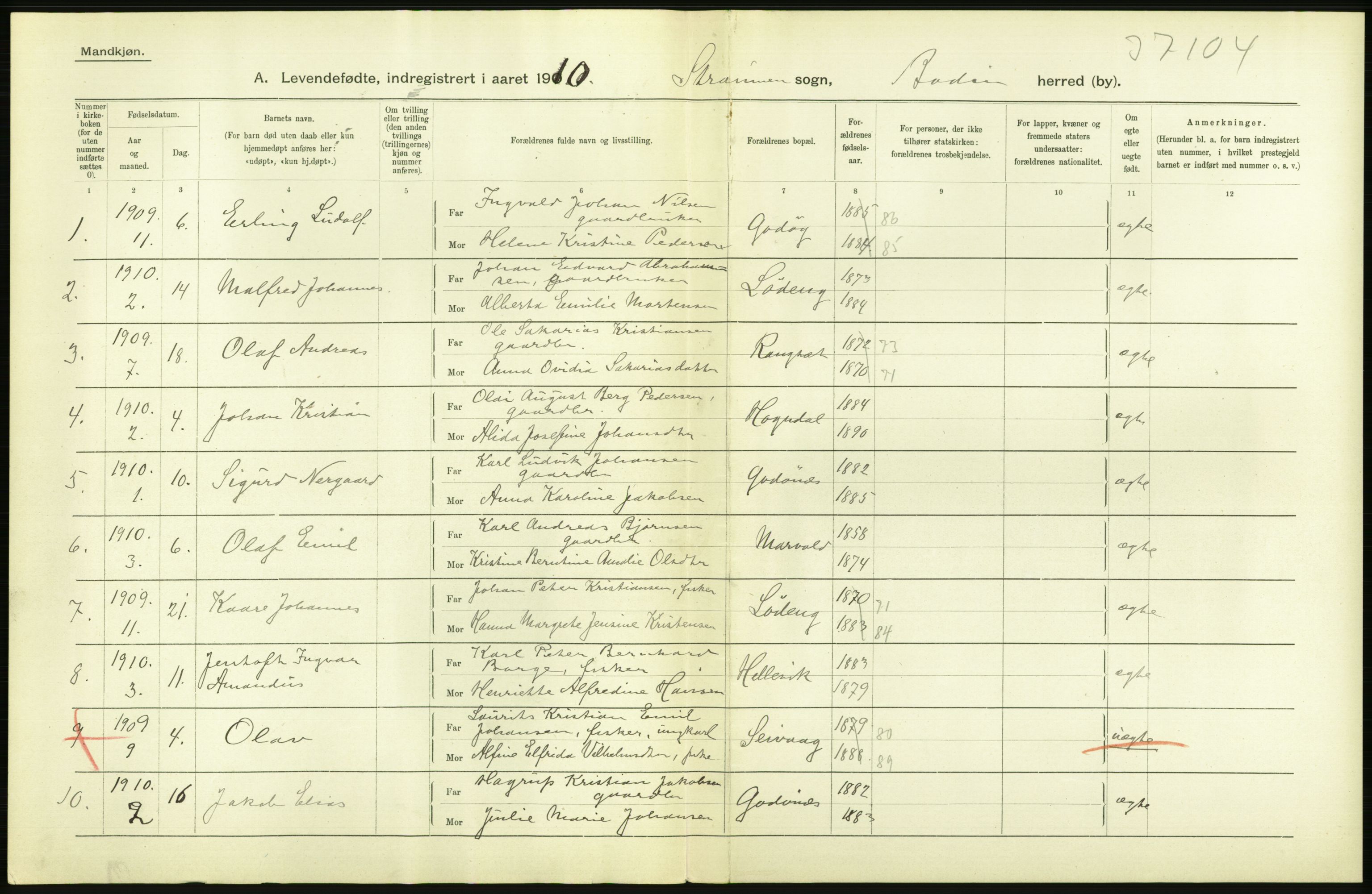 Statistisk sentralbyrå, Sosiodemografiske emner, Befolkning, AV/RA-S-2228/D/Df/Dfa/Dfah/L0040: Nordlands amt: Levendefødte menn og kvinner. Bygder., 1910, s. 30