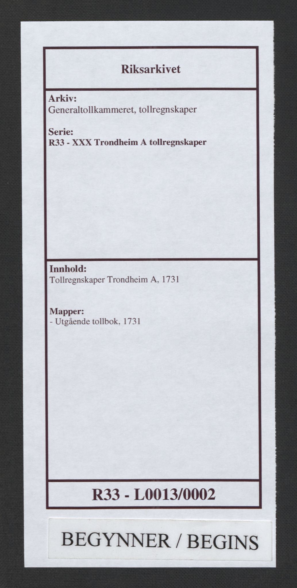 Generaltollkammeret, tollregnskaper, RA/EA-5490/R33/L0013/0002: Tollregnskaper Trondheim A / Utgående tollbok, 1731