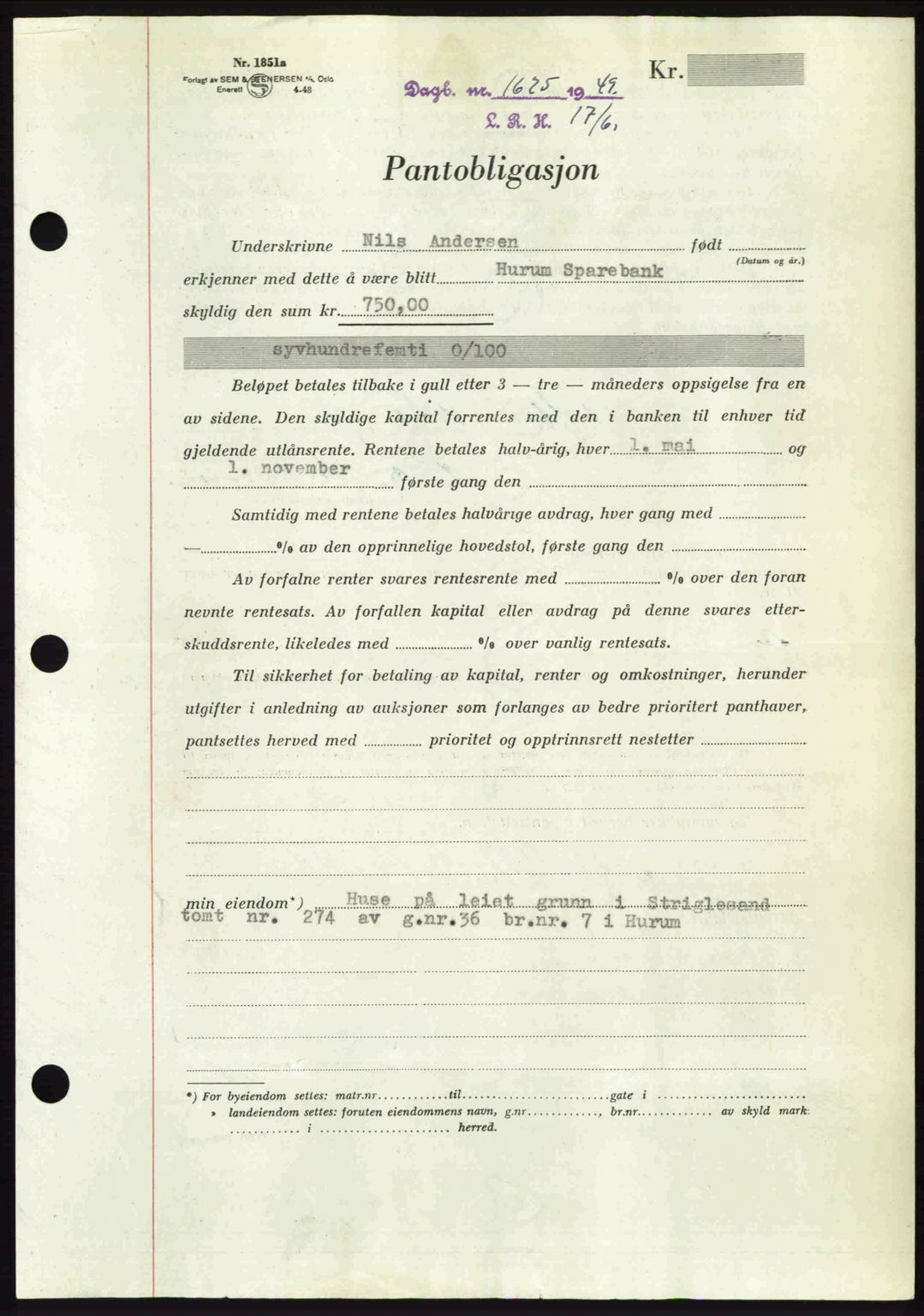 Lier, Røyken og Hurum sorenskriveri, AV/SAKO-A-89/G/Ga/Gab/L0101: Pantebok nr. 101, 1949-1949, Dagboknr: 1625/1949