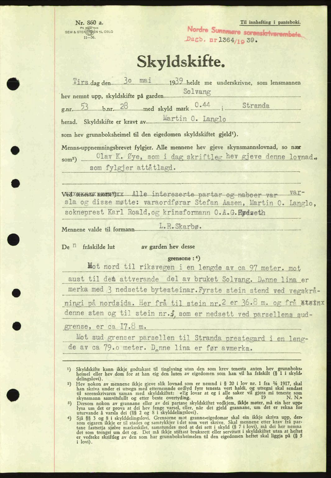 Nordre Sunnmøre sorenskriveri, SAT/A-0006/1/2/2C/2Ca: Pantebok nr. A7, 1939-1939, Dagboknr: 1364/1939
