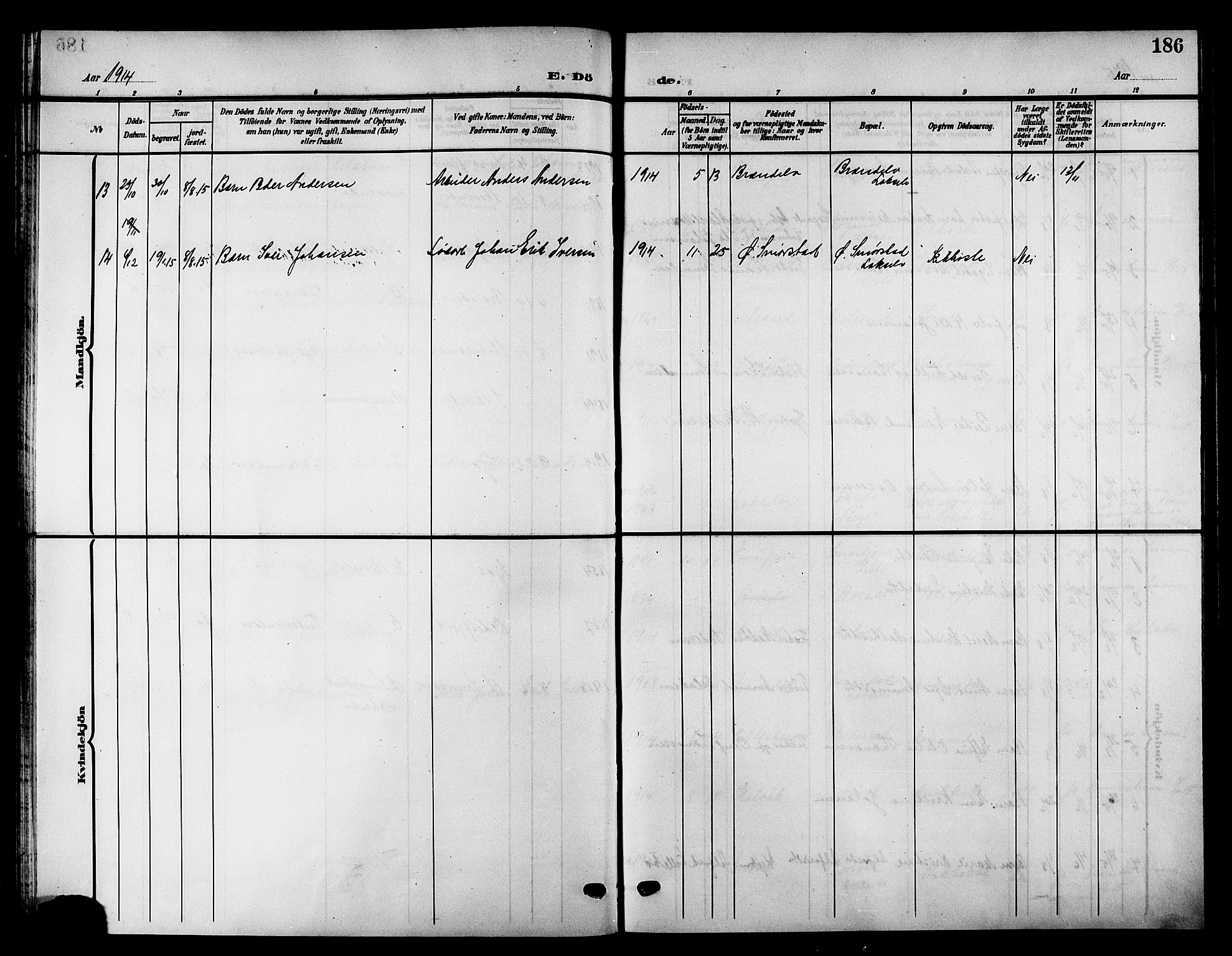 Kistrand/Porsanger sokneprestembete, AV/SATØ-S-1351/H/Hb/L0006.klokk: Klokkerbok nr. 6, 1905-1917, s. 186