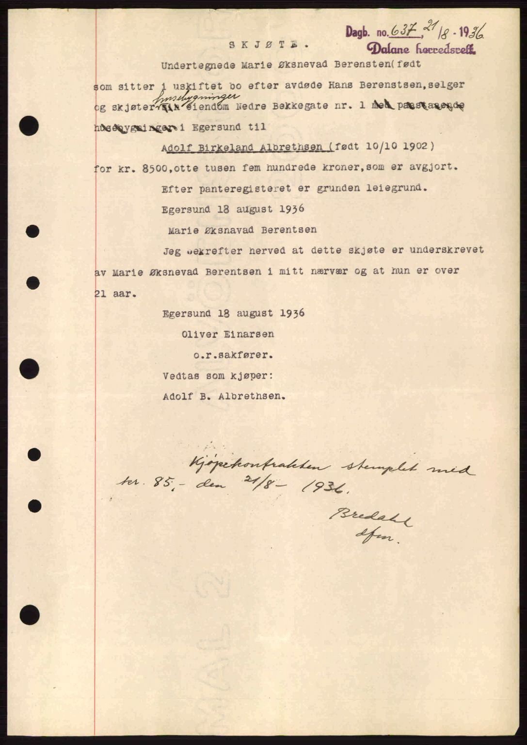 Dalane sorenskriveri, SAST/A-100309/02/G/Gb/L0040: Pantebok nr. A1, 1936-1936, Dagboknr: 637/1936